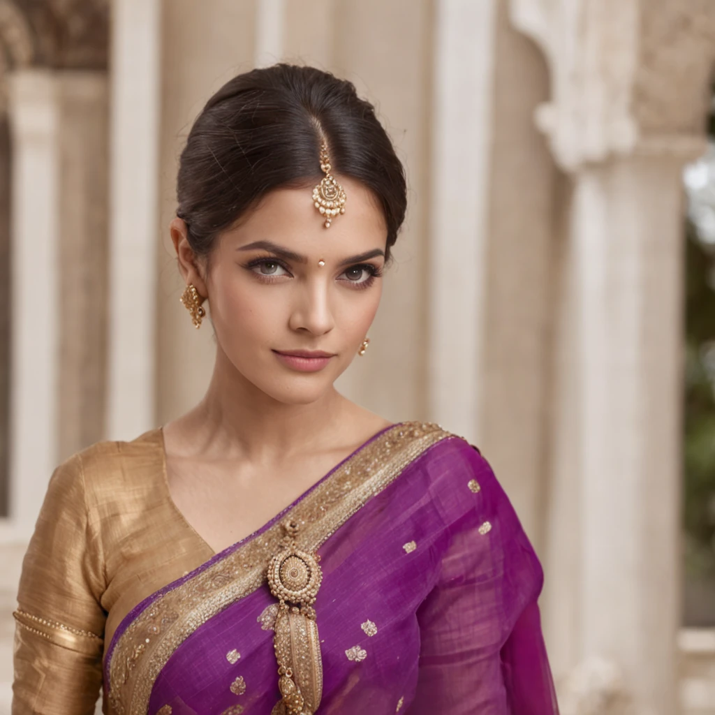 "Hollywood actresses gracefully adorned in vibrant traditional Indian violet sarees"