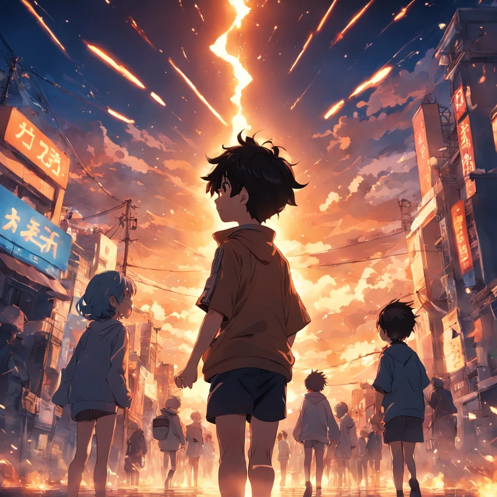 Character Kenta Leon , Boy, Black hair, fire saber, Setting: The village was destroyed, houses on fire. Black creatures, Shadow Ghost, Amber eyes, conceptual art, Cinematic lighting, shadowing, diffraction spikes, Ultra-wide angle, hasselblatt, hyper HD, Masterpiece, Anatomically correct, 1080p, 4K, 8K, Best quality