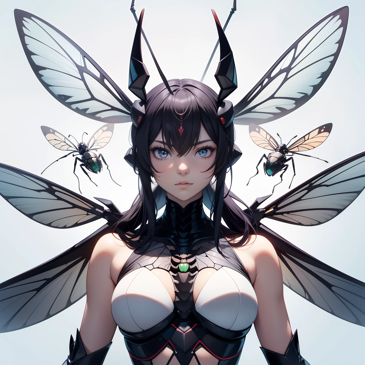 Insect humans、Semi-woman、eery、kook、Fine modeling of cicada faces、compound、Insect face、Slender body、Spread wings、