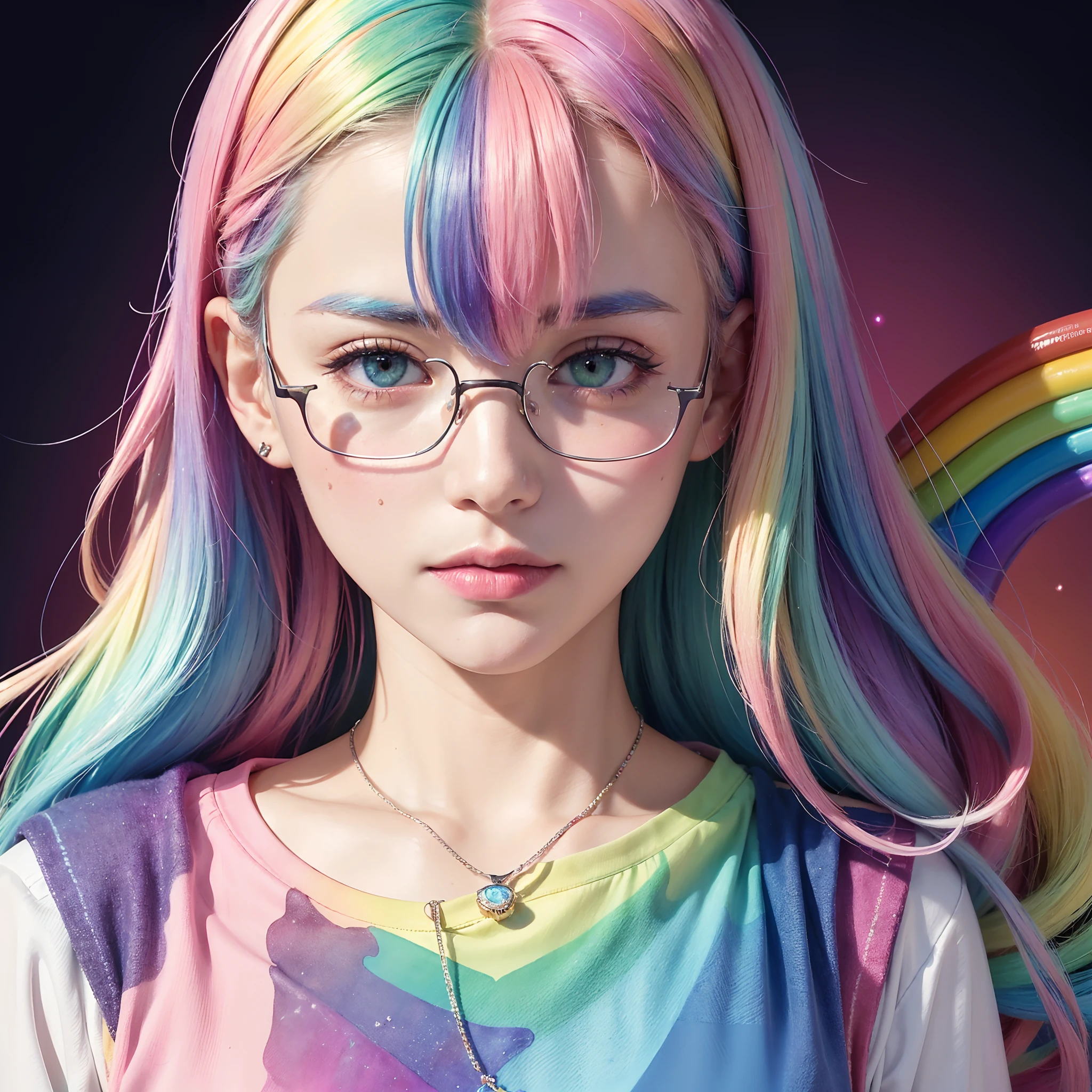 (masterpiece, highest quality, highest quality, watercolor art (pendant), official art, beautiful and aesthetic, (1.2), (1 girl: 1.3), (fractal art: 1.3), full body, star-shaped pupil, , pattern, ((iridescent hair, colorful hair, half blue and half pink hair: 1.2)), (school uniform), colorful, glasses, writing, heterochromia, (colorful: 1.5), ((rainbow sky)), sun, (embarrassed face)