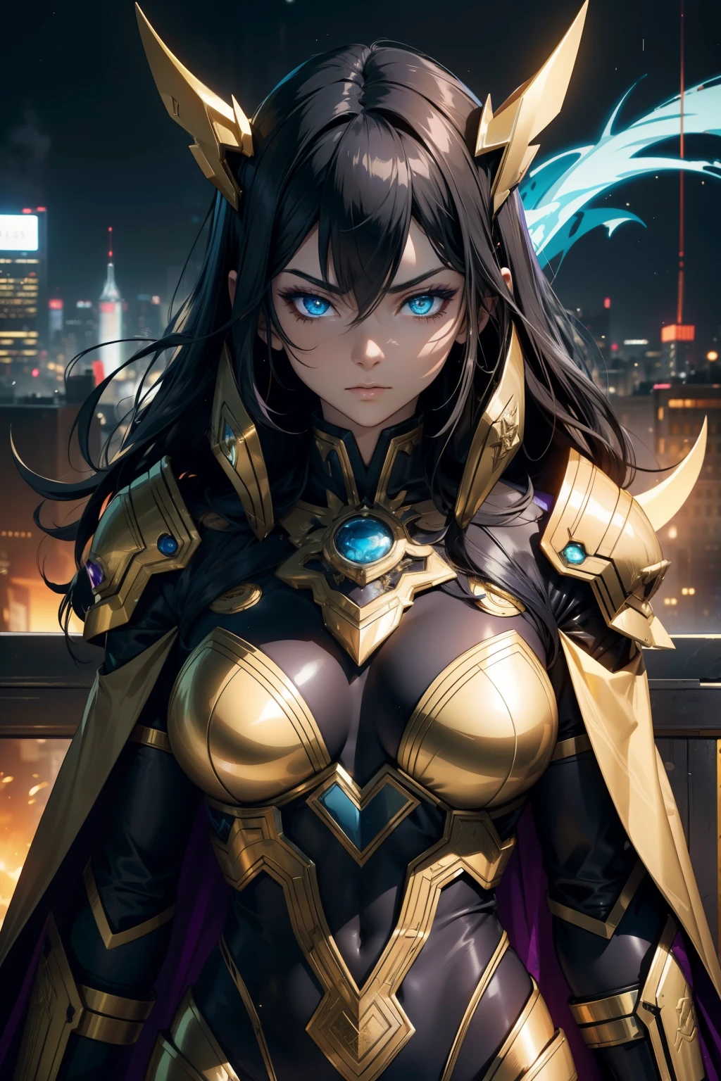 Dark Cyberpunk City、Villain Phantom、Wearing a gold and white cloak、Wearing a black and purple tribal print bodysuit、28 year old beautiful woman, Very long hair, Golden hair,There is a feeling of fear、The town is in flames、masutepiece, Hyper realistic, 8K, Bokeh, Fire Luminescent, Each part of the body glows blue、