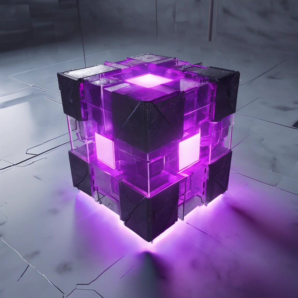 concept art of a clear purple glowing cube on the ground, white surface beautiful realistic atmosphere, environment, detailed, realistic, concept art, unreal engine 5, structure, sci-fi, ray tracing, CGI, perfect visuals, lighting, smooth, movie, screen-space reflections, ambient occlusion, scenes, aesthetics, bloom, shadows, perfectly drawn, textures, cinematic, sharp edges, hdr effect, blender 3d, asset library, art station, realism, retro-futurism, 90s, 80s, vintage effect, vaporwave, chillwave, close up, synth wave, retro wave,
