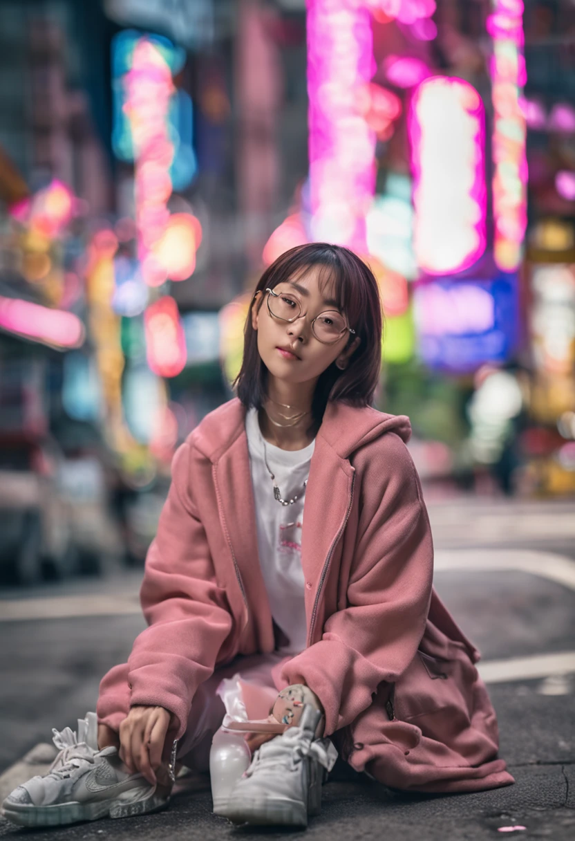 (8k、RAW Photography、Top image quality、masterpiece:1.2)、(realisitic、Photorealsitic:1.37)、Top image quality、超A high resolution、photon maping、Radio City、Physically Based Rendering、1girl、((eye glasses))、((parka))、((sweat pant))、naughty face、cute little、(laught)、(happiness)、(KPOP Idol)、(aegyo sal:1)、((Puffy eyes))、looking at the viewers、poseing、(full bodyesbian)、huge tit、huge tit、A city scape、natta、(bokeh dof:1.4)、photographed on a Nikon D850、Nikon AF-S Nikkor 58mm f1.4G lens