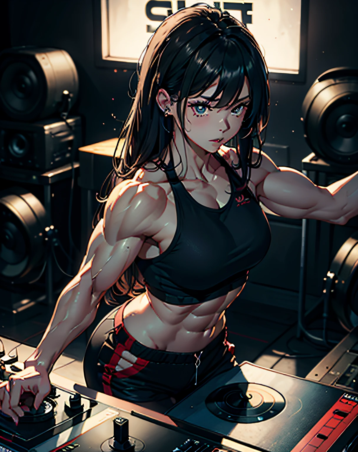 (Masterpiece, Best quality:1.37), Ultra-detailed:1.37, ultrasharp:1.37, Anime style, An illustration of a female bodybuilder 2 meters tall，She DJs while showing off her muscles. Female bodybuilder is 2m tall，musculous. Female bodybuilders wear tank tops and shorts, Expose her muscles. A female bodybuilder stands on a DJ booth，Play music with turntables and mixers. A female bodybuilder plays music，While showing off her muscles. The audience was overwhelmed，Crazy with her female bodybuilding muscles. This illustration shows the intense and dynamic performance of a 2-meter-tall female bodybuilder DJing while showing off her muscles. You can clearly see the enthusiastic audience overwhelmed by the muscles of female bodybuilders.