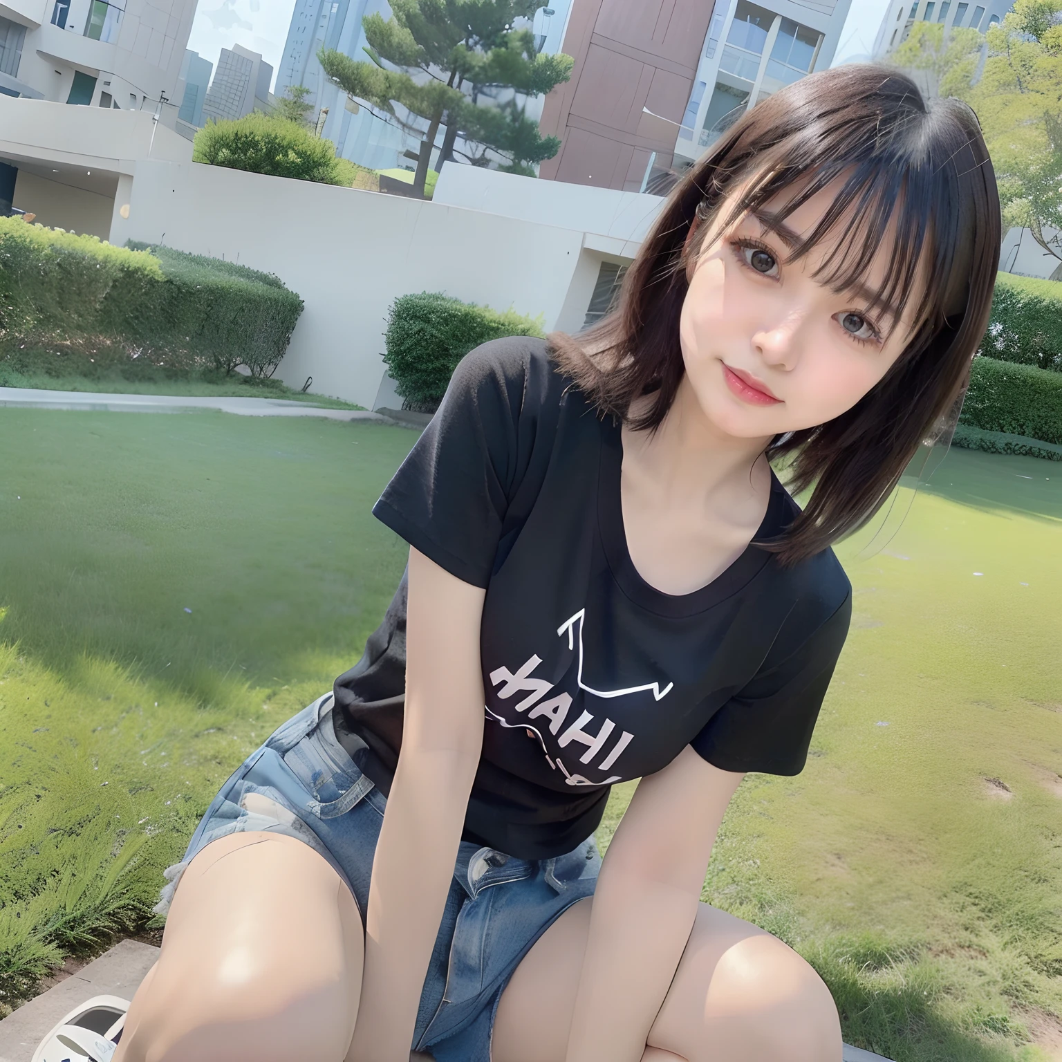 (top-quality、超A high resolution、8K、Raw photography、nffsw:1.2、​masterpiece:1.2)、(realisitic、Photorealsitic:1.37)、ultra-detailliert、profetional lighting、photon maping、Radio City、physically-based renderingt、japanes、 1 人、独奏、black hair short cut、cute little、nogizaka、Cute、Light smile、Normal breasts、Looking at the camera、full-shot、Black tee shirt、Denim shorts、Crouched figure、Open your crotch、lawn、picnic