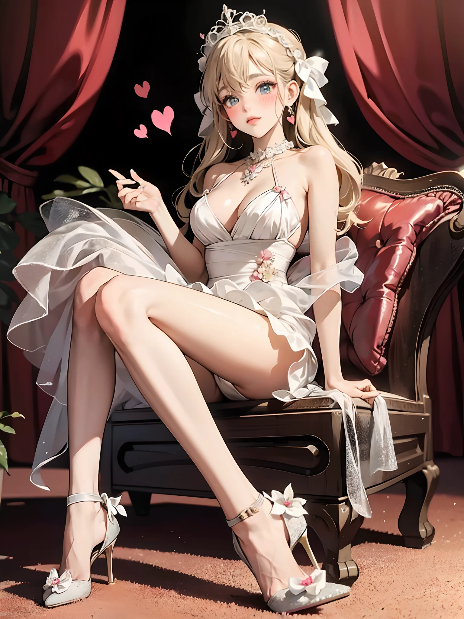 (masterpiece), (best quality),
make up, blush, earring, heart, high heels, 1girl, flower, bow,