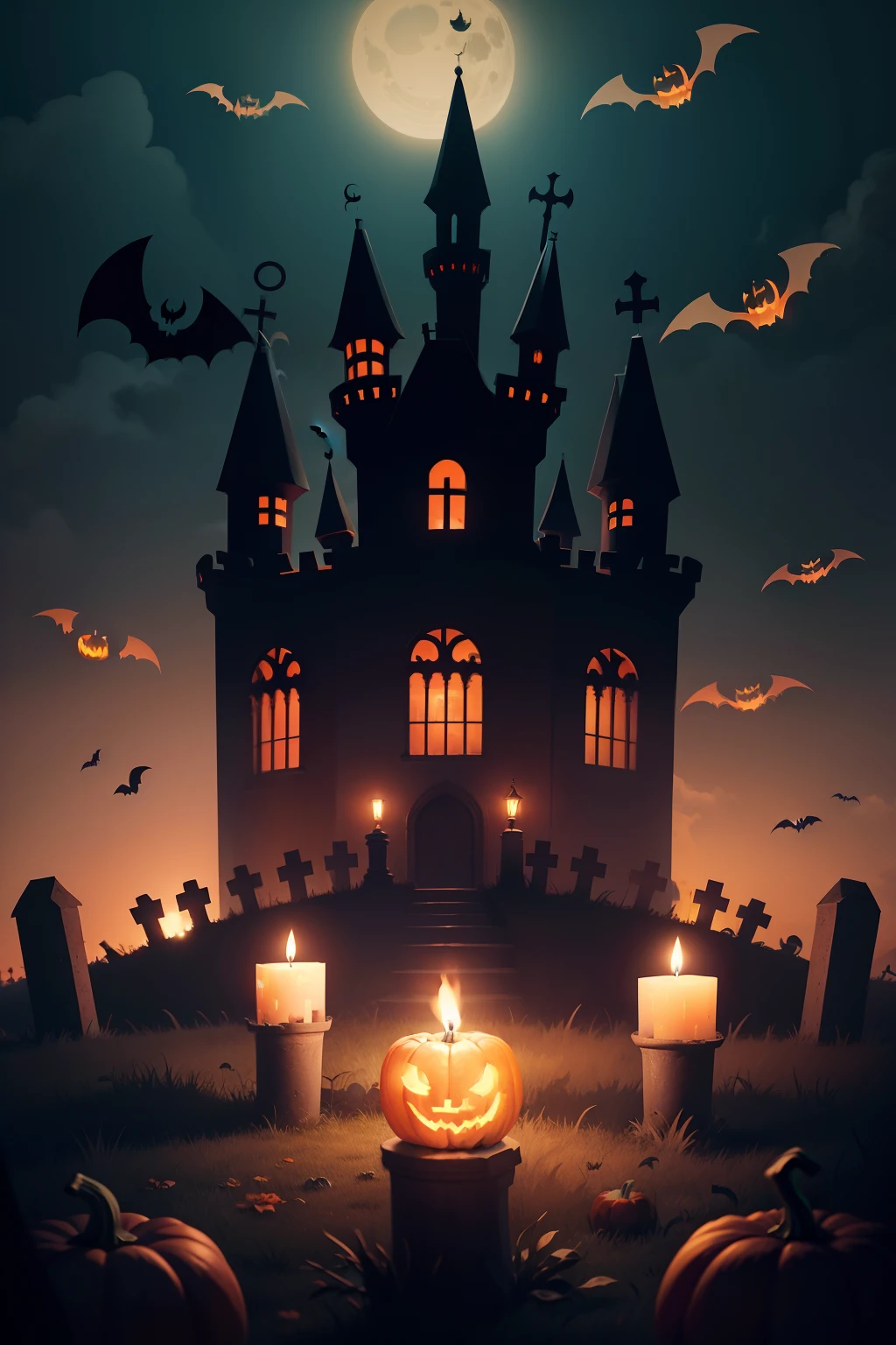 Halloween background with scary pumpkins candles in the graveyard at night with a castle background
