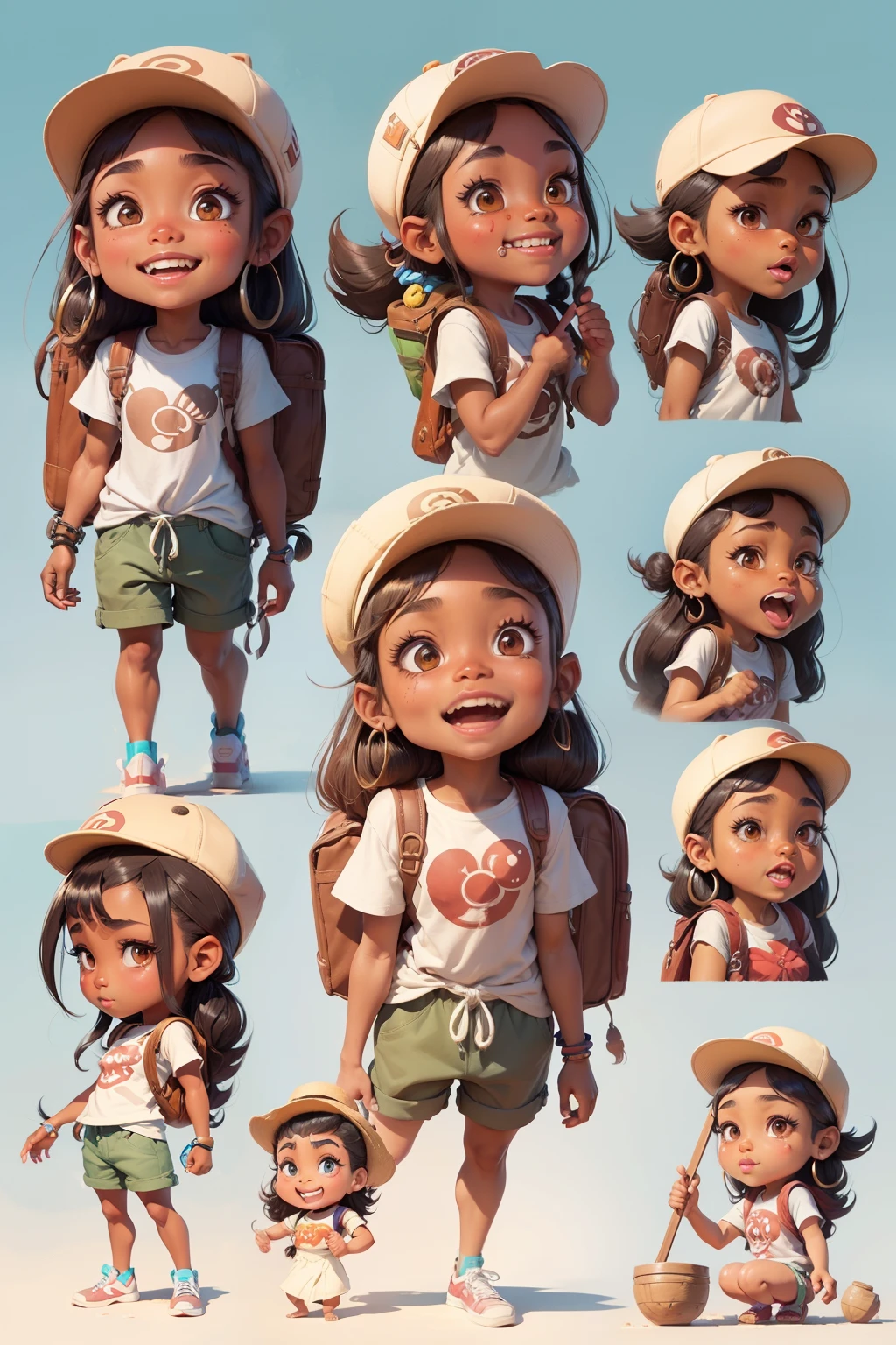cartoon character of a Maori girl, dark brown skin wearing a tshirt shorts cap and a backpack with different poses and poses, cartoon concept art, very stylized character design, stylized character design, highly detailed character design, childrens art in artstation, character design, disney character style, concept art of single girl, animated character design, high quality character design, character exploration, great character design, in style of disney animation, character illustration