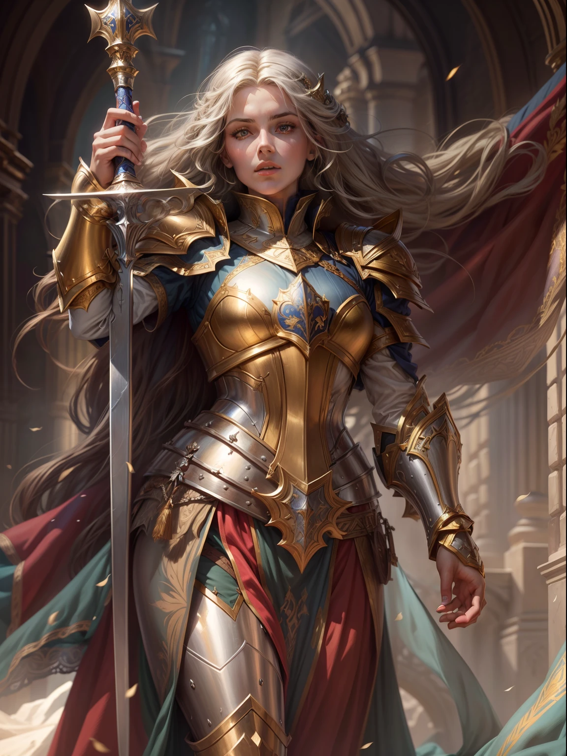 Look from the bottom up，low  angle shot，Highly detailed portrait of Paladin Guinevere，Wear armor，shelmet，epee，big sword，Cross sword，sword，Silvertone，holy rays，god light，medieval times，Noble，setia，Servant of Jesus，Solemn，Gold accents，epic fantasy digital art，devout，Victorian style，tmasterpiece，8K，high definition resolution，Detailed detail drawing，high qulity，Inspiration came from Guinevere，author:John Collier，detailed fantasy art, Fantasy cosplay portrait, Fantasy art Behance