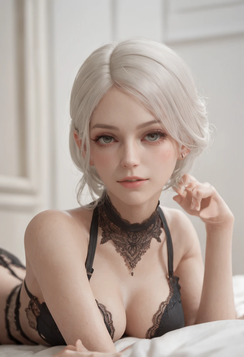 there is a woman in a black lingerie laying on a bed, a 3D render by Shitao, Trend of CGsociety, massurrealism, 2b, 2 b, 2 b from nier automata, 2b from nier automata, 2b NIER automata, leather stockings, Fine details. Girl Front, Neil 2 B, thigh close-up