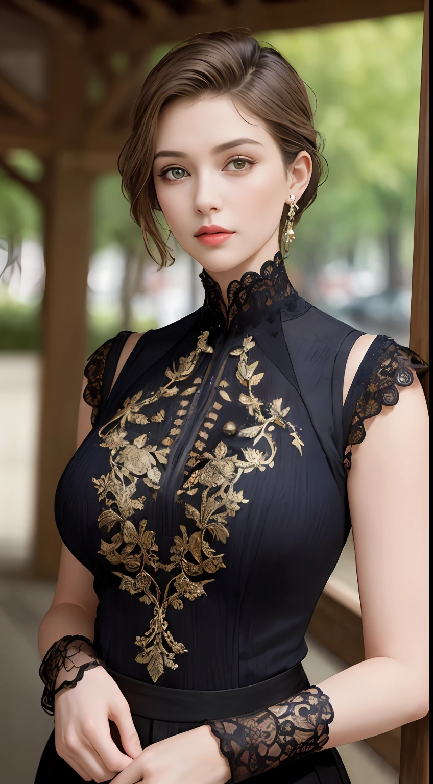 (Masterpiece:1.2, Best quality), Realistic, (Real picture, Intricate details, Depth of field，High neck clothes), parted lip, highly  detailed, Perfect face, Perfect body, Large models,
Mature woman, Tall, Long legs, 
Natural background bokeh