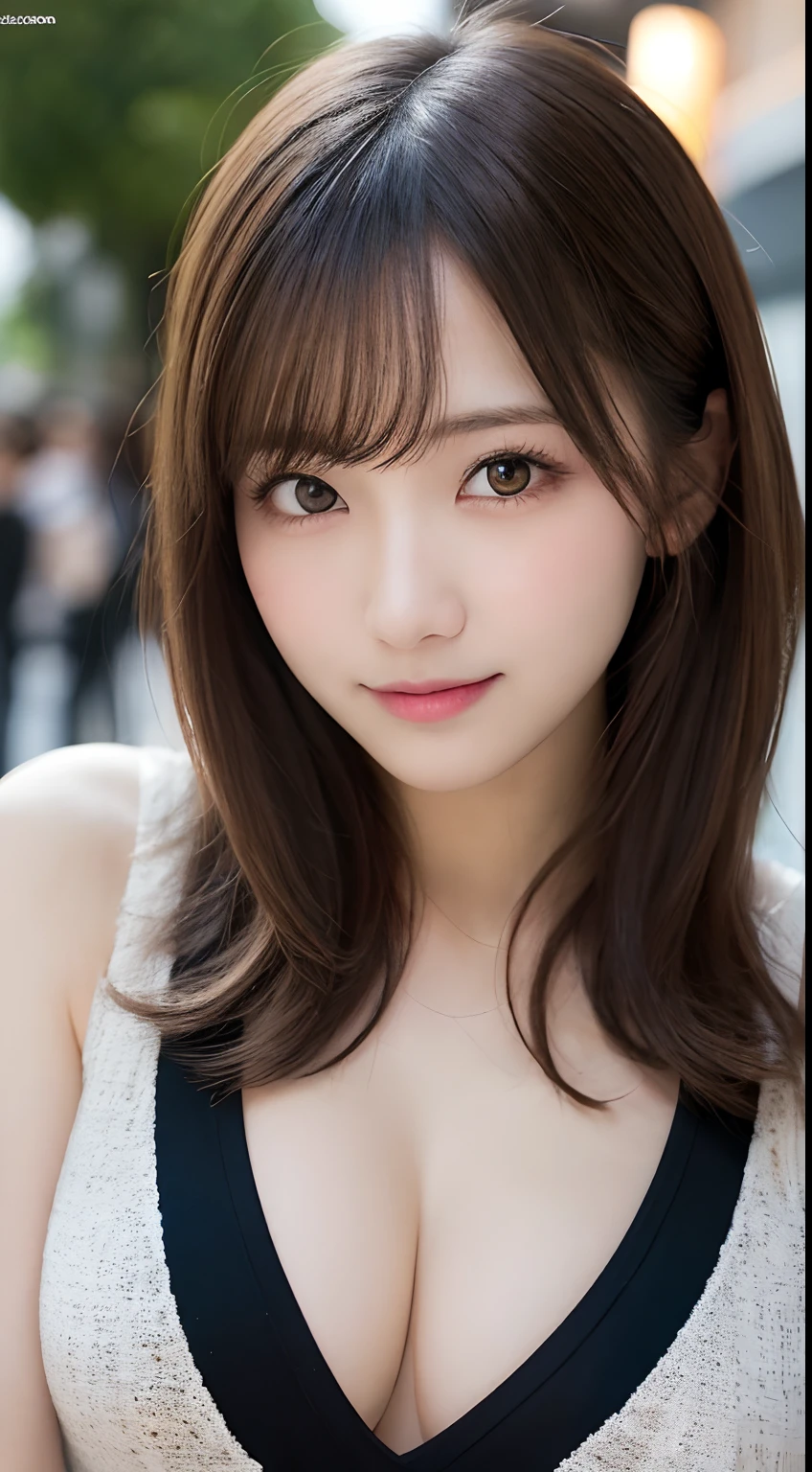 masutepiece, Best Quality, Illustration, Ultra-detailed, finely detail, hight resolution, 8K Wallpaper, Perfect dynamic composition, Beautiful detailed eyes, Women's Fashion Summer,Medium Hair,Small breasts natural color lip, Bold sexy poses,Smile,Harajuku、20 years girl、Cute、Sexy shot looking at camera