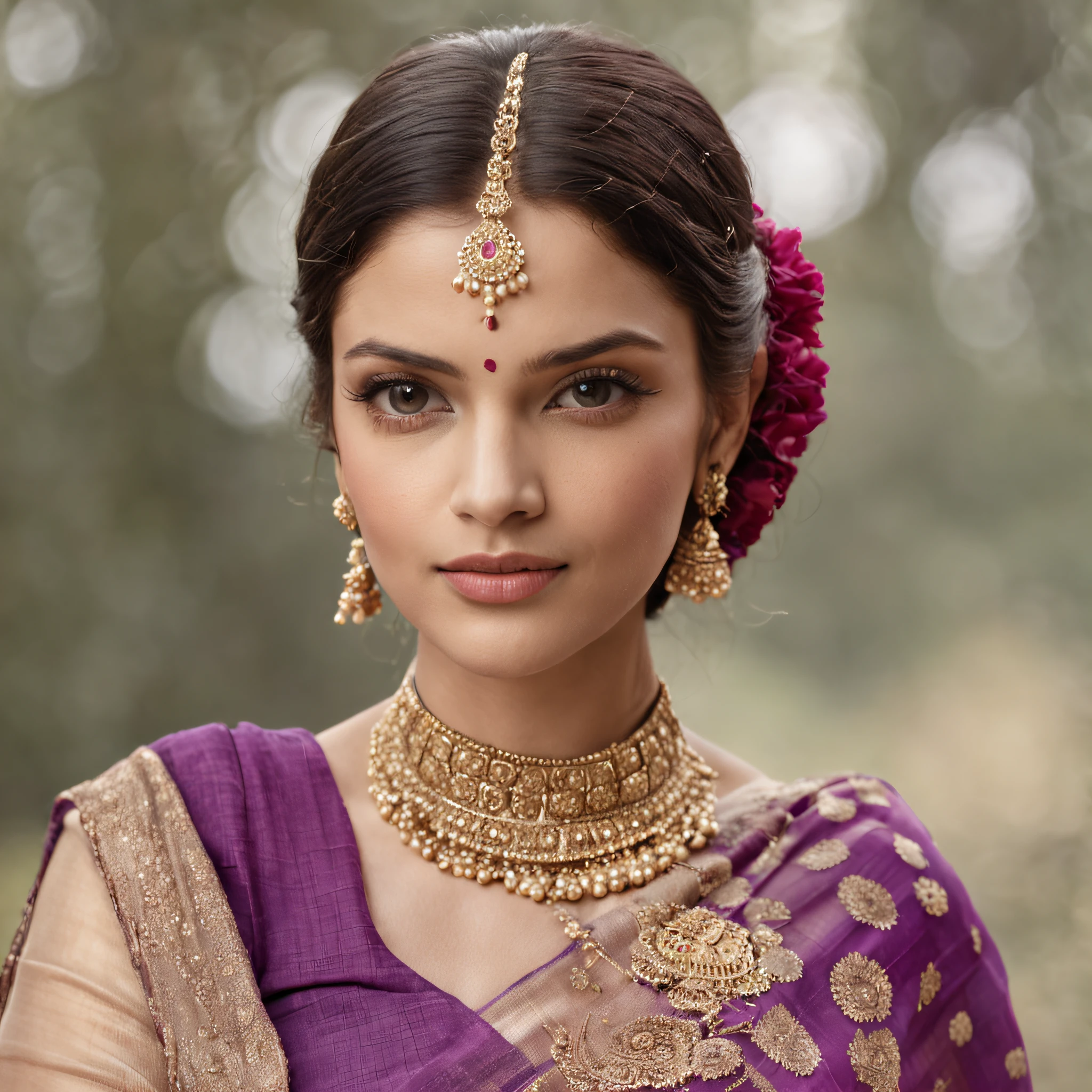 "Hollywood actresses gracefully adorned in vibrant traditional Indian violet sarees"