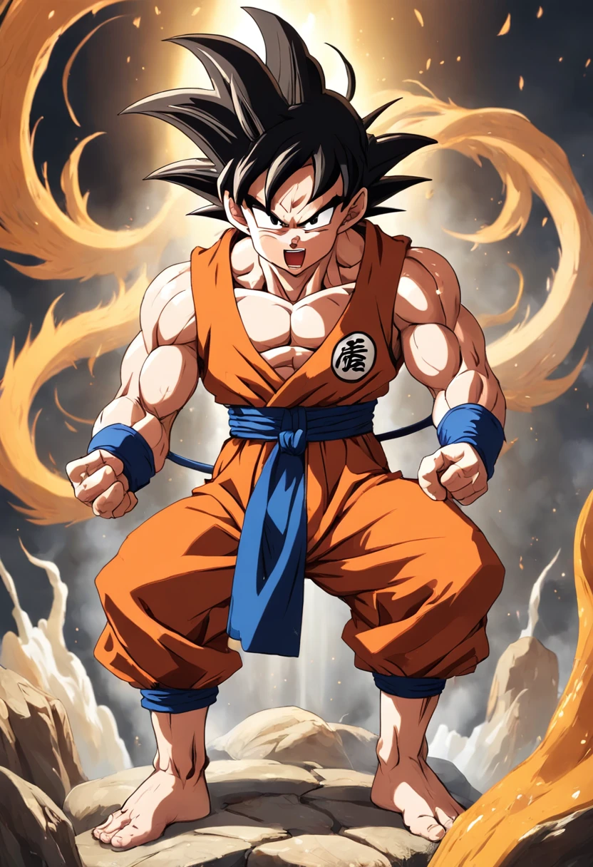 Dragon Ball Goku,Great ape, full body portrait,of a real,Facial features are carefully depicted,Realistic skin texture,Dark style,depth of fields,high light,Real light,Ray traching,oc rendered,Hyper-realistic,best qualtiy,8K,Works of masters,super-fine,Detailed pubic hair,Correct anatomy,sharp focus on eyes,facial features are carefully depicted. Goku Disfrutando de Fideos Chinos en un Restaurante" Description: En un restaurante acogedor con toques orientales, Goku, el famoso guerrero saiyajin, se encuentra en la cocina, rodeado de aromas deliciosos. Dressed in his iconic martial arts uniform, Goku is sitting on a high stool in front of a kitchen counter.. A cup of steaming Chinese noodles rests in front of him, mientras sostiene los palillos con destreza. With a smile of anticipation, Goku se dispone a saborear los fideos con entusiasmo. His fellow Z warriors meet at a nearby table, Observing with amusement his encounter with terrestrial cuisine. Behind him, los chefs del restaurante, ataviados con sus uniformes tradicionales, They watch with admiration the legendary fighter as he enjoys the meal. The atmosphere is full of warmth and camaraderie, despite the epic adventures that Goku and his friends regularly face. Soft lighting enhances the scene, making the colors of the ingredients and the decoration of the restaurant shine with a cozy luminosity. La imagen captura un momento inusual y relajado en la vida de Goku, showing his most human side while enjoying an earthy meal in the midst of his amazing exploits.