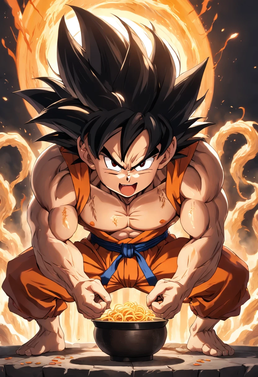 Dragon Ball Goku,Great ape, full body portrait,of a real,Facial features are carefully depicted,Realistic skin texture,Dark style,depth of fields,high light,Real light,Ray traching,oc rendered,Hyper-realistic,best qualtiy,8K,Works of masters,super-fine,Detailed pubic hair,Correct anatomy,sharp focus on eyes,facial features are carefully depicted. Goku Disfrutando de Fideos Chinos en un Restaurante" Description: En un restaurante acogedor con toques orientales, Goku, el famoso guerrero saiyajin, se encuentra en la cocina, rodeado de aromas deliciosos. Dressed in his iconic martial arts uniform, Goku is sitting on a high stool in front of a kitchen counter.. A cup of steaming Chinese noodles rests in front of him, mientras sostiene los palillos con destreza. With a smile of anticipation, Goku se dispone a saborear los fideos con entusiasmo. His fellow Z warriors meet at a nearby table, Observing with amusement his encounter with terrestrial cuisine. Behind him, los chefs del restaurante, ataviados con sus uniformes tradicionales, They watch with admiration the legendary fighter as he enjoys the meal. The atmosphere is full of warmth and camaraderie, despite the epic adventures that Goku and his friends regularly face. Soft lighting enhances the scene, making the colors of the ingredients and the decoration of the restaurant shine with a cozy luminosity. La imagen captura un momento inusual y relajado en la vida de Goku, showing his most human side while enjoying an earthy meal in the midst of his amazing exploits.
