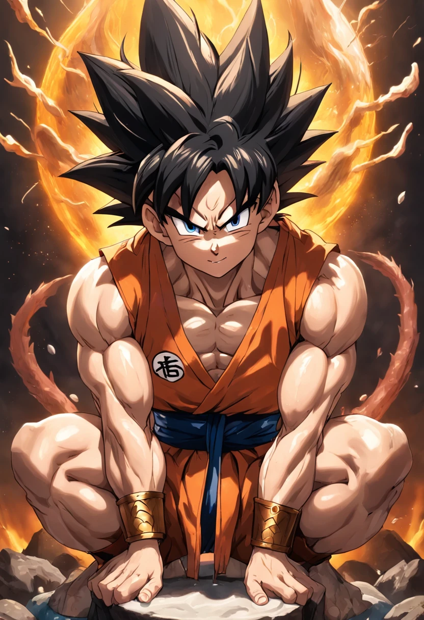 Dragon Ball Goku，Great ape, full body portrait，of a real，Facial features are carefully depicted，Realistic skin texture，Dark style，depth of fields，high light，Real light，Ray traching，oc rendered，Hyper-realistic，best qualtiy，8K，Works of masters，super-fine，Detailed pubic hair，Correct anatomy，sharp focus on eyes，facial features are carefully depicted. Goku Disfrutando de Fideos Chinos en un Restaurante" Description: En un restaurante acogedor con toques orientales, Goku, el famoso guerrero saiyajin, se encuentra en la cocina, rodeado de aromas deliciosos. Dressed in his iconic martial arts uniform, Goku is sitting on a high stool in front of a kitchen counter.. A cup of steaming Chinese noodles rests in front of him, mientras sostiene los palillos con destreza. With a smile of anticipation, Goku se dispone a saborear los fideos con entusiasmo. His fellow Z warriors meet at a nearby table, Observing with amusement his encounter with terrestrial cuisine. Behind him, los chefs del restaurante, ataviados con sus uniformes tradicionales, They watch with admiration the legendary fighter as he enjoys the meal. The atmosphere is full of warmth and camaraderie, despite the epic adventures that Goku and his friends regularly face. Soft lighting enhances the scene, making the colors of the ingredients and the decoration of the restaurant shine with a cozy luminosity. La imagen captura un momento inusual y relajado en la vida de Goku, showing his most human side while enjoying an earthy meal in the midst of his amazing exploits.