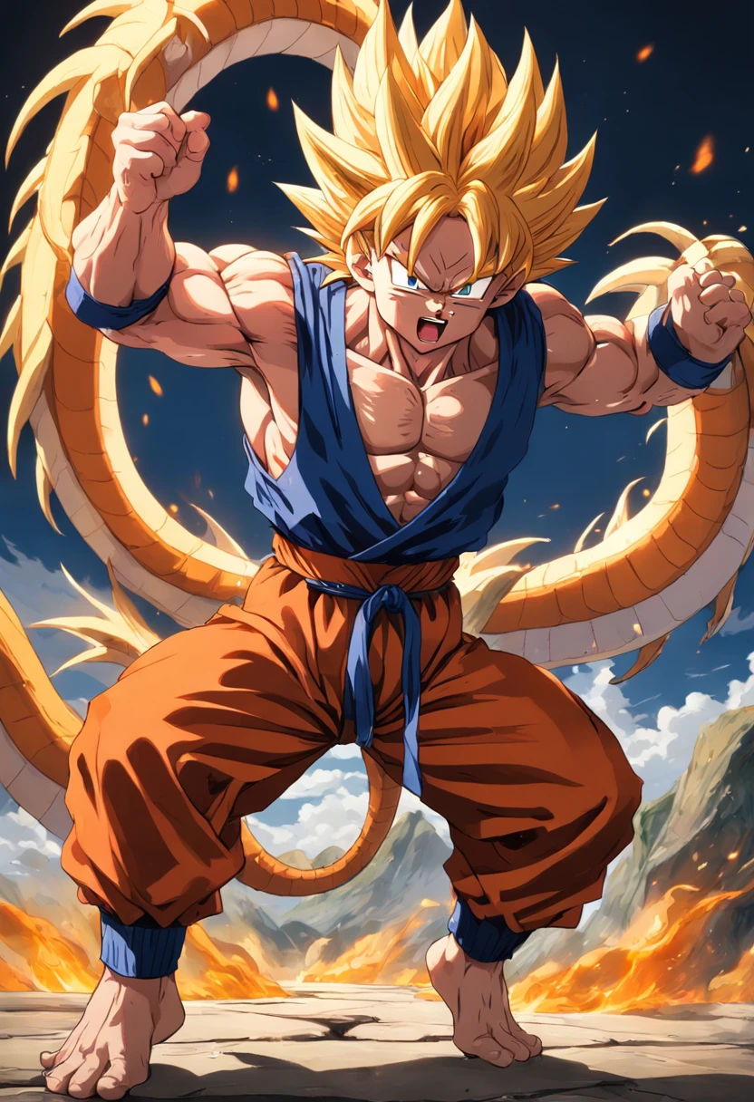 Dragon Ball Goku，Great ape, full body portrait，of a real，Facial features are carefully depicted，Realistic skin texture，Dark style，depth of fields，high light，Real light，Ray traching，oc rendered，Hyper-realistic，best qualtiy，8K，Works of masters，super-fine，Detailed pubic hair，Correct anatomy，sharp focus on eyes，facial features are carefully depicted. Goku Disfrutando de Fideos Chinos en un Restaurante" Description: En un restaurante acogedor con toques orientales, Goku, el famoso guerrero saiyajin, se encuentra en la cocina, rodeado de aromas deliciosos. Dressed in his iconic martial arts uniform, Goku is sitting on a high stool in front of a kitchen counter.. A cup of steaming Chinese noodles rests in front of him, mientras sostiene los palillos con destreza. With a smile of anticipation, Goku se dispone a saborear los fideos con entusiasmo. His fellow Z warriors meet at a nearby table, Observing with amusement his encounter with terrestrial cuisine. Behind him, los chefs del restaurante, ataviados con sus uniformes tradicionales, They watch with admiration the legendary fighter as he enjoys the meal. The atmosphere is full of warmth and camaraderie, despite the epic adventures that Goku and his friends regularly face. Soft lighting enhances the scene, making the colors of the ingredients and the decoration of the restaurant shine with a cozy luminosity. La imagen captura un momento inusual y relajado en la vida de Goku, showing his most human side while enjoying an earthy meal in the midst of his amazing exploits.