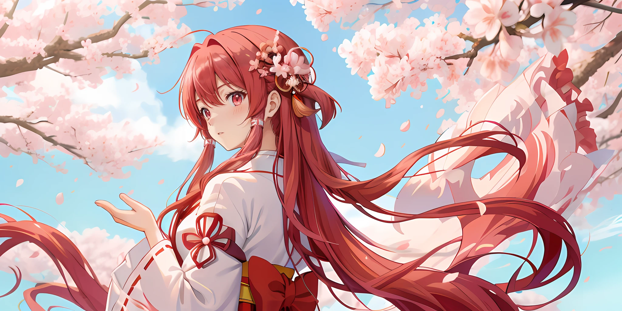 tmasterpiece,HighestQuali,sorceress woman,komono,Anime girl with long hair and red dress standing under cherry blossom tree, sakura petals around her, flowing sakura-colored silk, flowing sakura silk, in style of kyoto animation, asuna yuuki, sakura bloomimg, ( ( ( yoshinari yoh ) ) ), Sakura Kinomoto, Beautiful anime, close up iwakura lain,shrine maiden clothe,Pink Long Hair,Solo,Kimono with white,