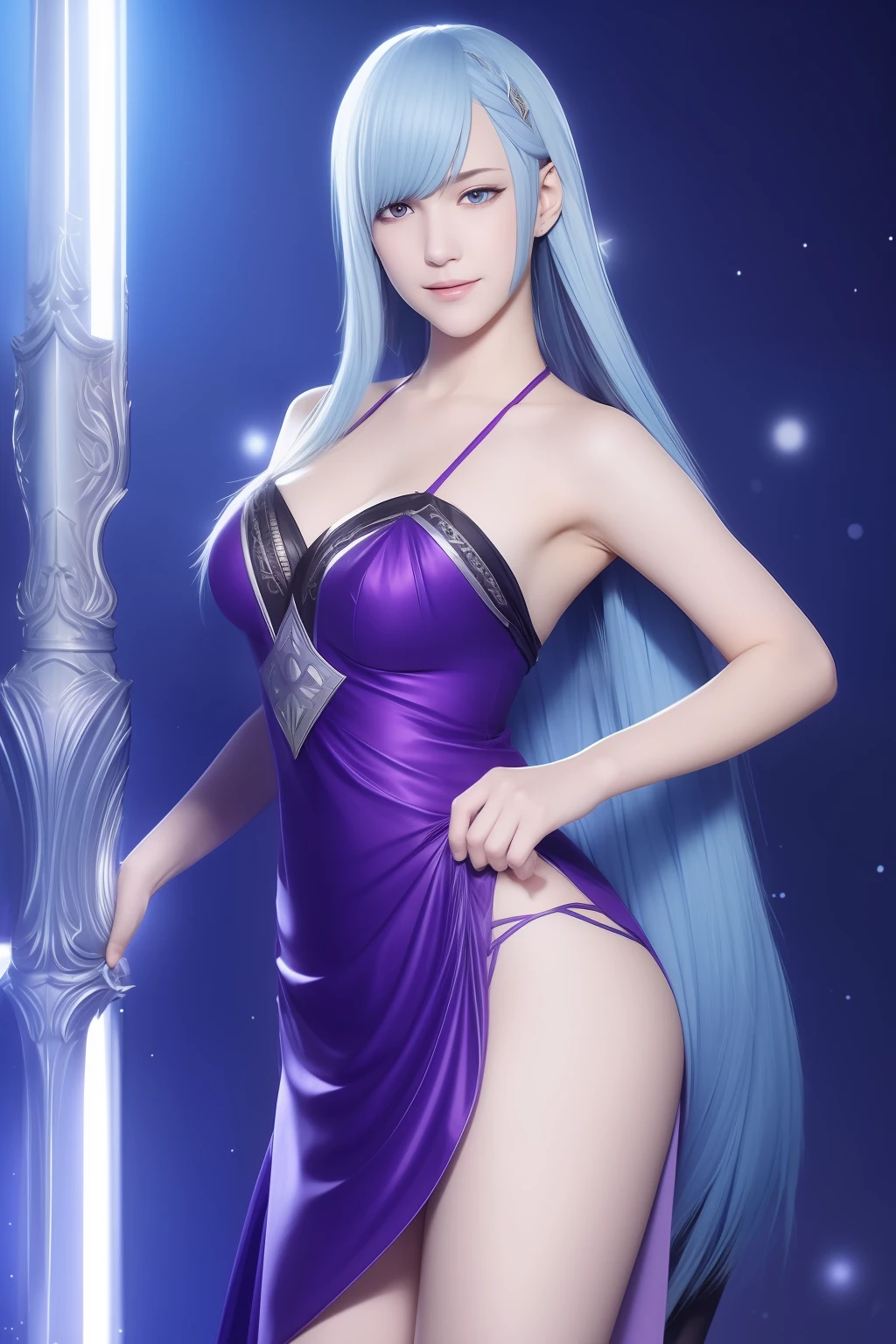 (master piece) brynhildr lancer fgo,20-year old,pure,affectionately gaze,gentle smile,laurel wreath,trapeze dress,shyly pose, pretty round face,tall,very skinny,slender,light blue hair, cross-cut bangs strongly leans to the right,detailed hair