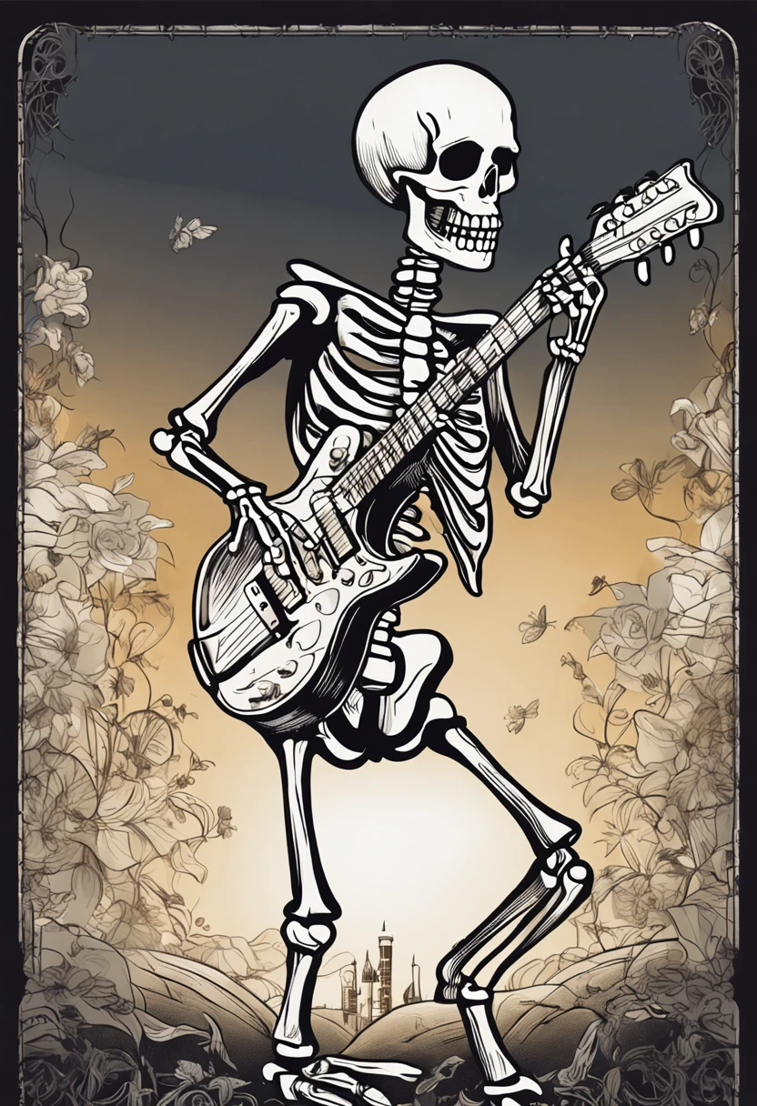 a skeleton dancing on heaven gage with big smile, black fingers, playing a guitar, gray simple background, sun rays from back