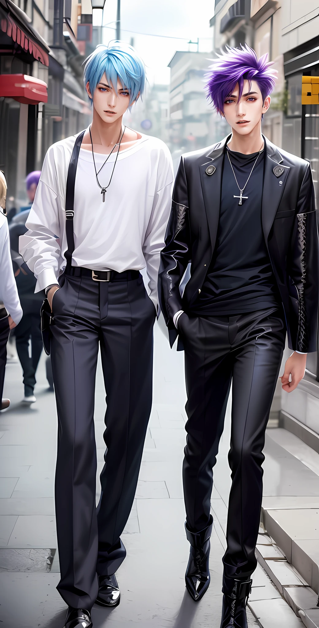 ​masterpiece, top-quality, 2Others, Male couple, 1 man and 1,, Adults, Height difference, different fashion, different color, finely eye and detailed face, intricate detailes, Casual clothing, Oversized shirt, Modern urban streets, A smile, Happiness, tenderness, queers, Boys Love, high-level image quality、 Two beautiful men、tall、The upper part of the body、nightfall、nighttime scene、𝓡𝓸𝓶𝓪𝓷𝓽𝓲𝓬、Korean Male, Idol Photos, k pop, Professional Photos, Vampires, Korean fashion in black and white, Fedoman with necklace, inspired by Sim Sa-jeong, androgynous vampire, :9 detailed face: 8, extra detailed face, detailed punk hair, ((eyes are brown)) baggy eyes, Seductive. Highly detailed, semi realistic anime, Vampires, hyperrealistic teen, delicate androgynous prince, imvu, short hair above the ears, Man with short hair, With a purple-haired man with a wild expression, Man with light blue hair with gentle expression, ((With a short-haired man with bright purple hair)), ((Man with light blue hair))