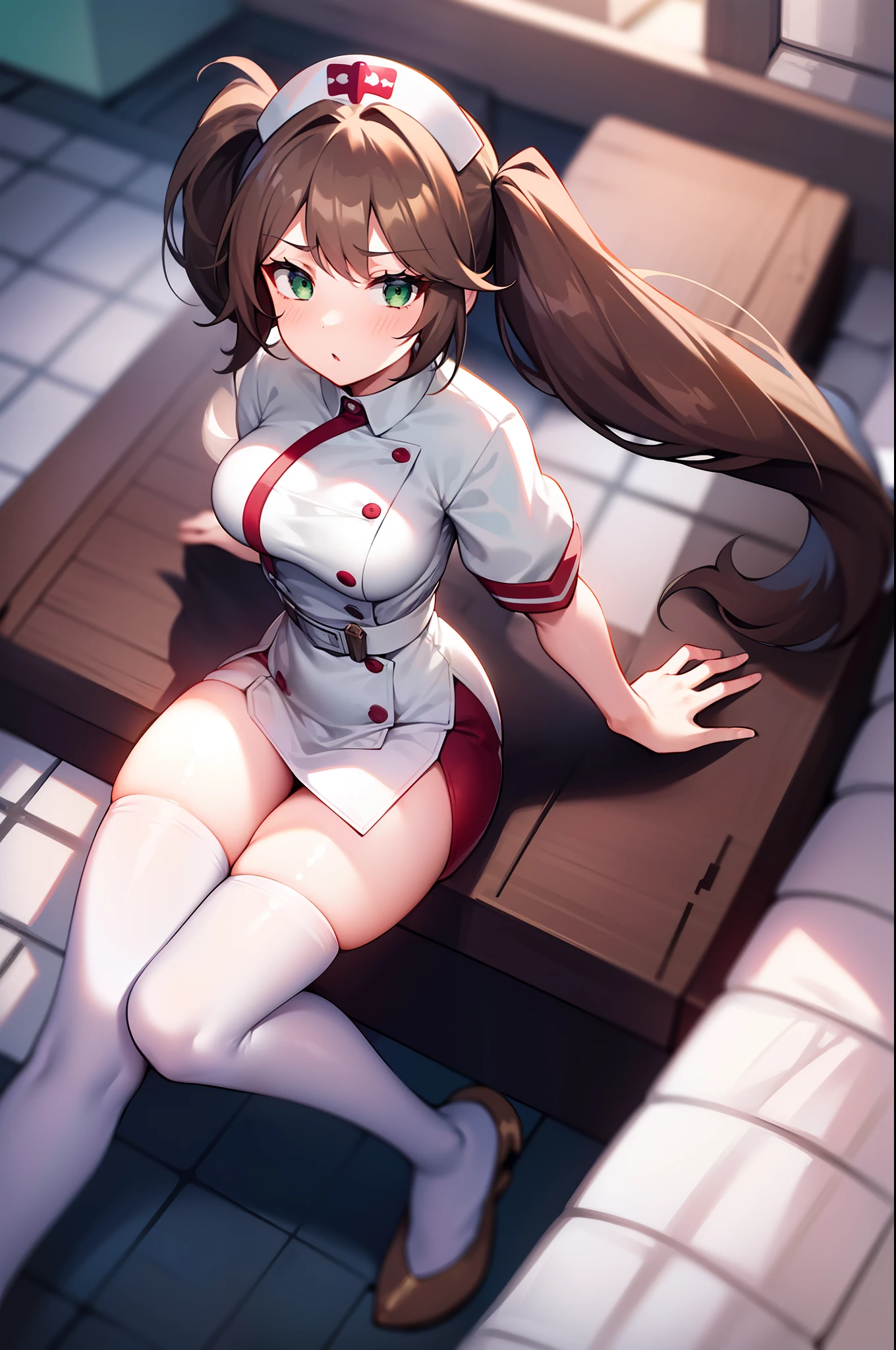 girl, medium large breasts, green eyes, long hair, twintails, brown hair, white thigh-highs, nurse, nurse outfit, white outfit, from above