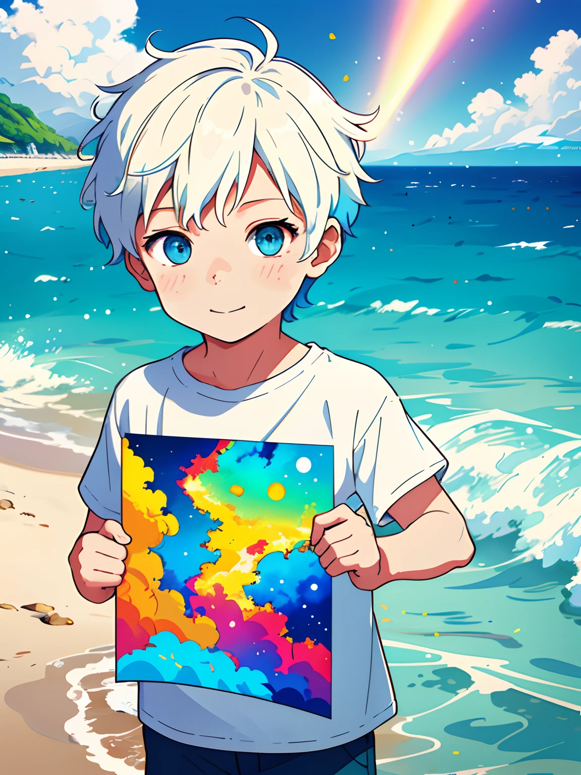 Making of Illustration Poster, Flat illustration, Colorful, Highly saturated, Contour light, warm and bright, Colorful, HD 8K, colored light particles, Heterochromatic, Male child, Upper body, Clear face, By the sea, Blue sky, white clouds, (Color: 1.5) , --v6