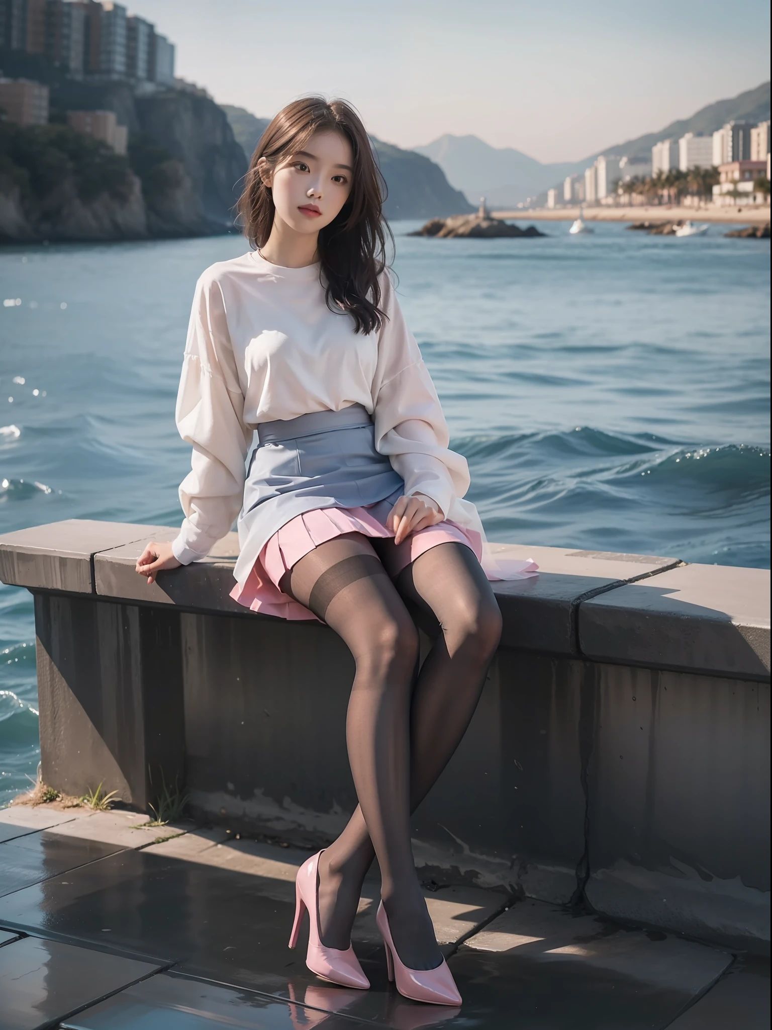 (full body:1.5),(1 girl:1.3),(show viewer:1.4),(correct anatomy:1.3),(Sitting in the sea:1.2),(pink and blue elastic skirt :1.2),((pantyhose):1.3),( The girl pointed out the thick heels :1.1),(accurate and perfect face:1.3),hyper hd, ray tracing, reflected light, structurally correct, award-winning, high detail, Brighten the contrast of shadows, face lighting ,cinematic lighting, table top, Super detailed, high quality, high detail, 最high quality, 16k,high contrast,