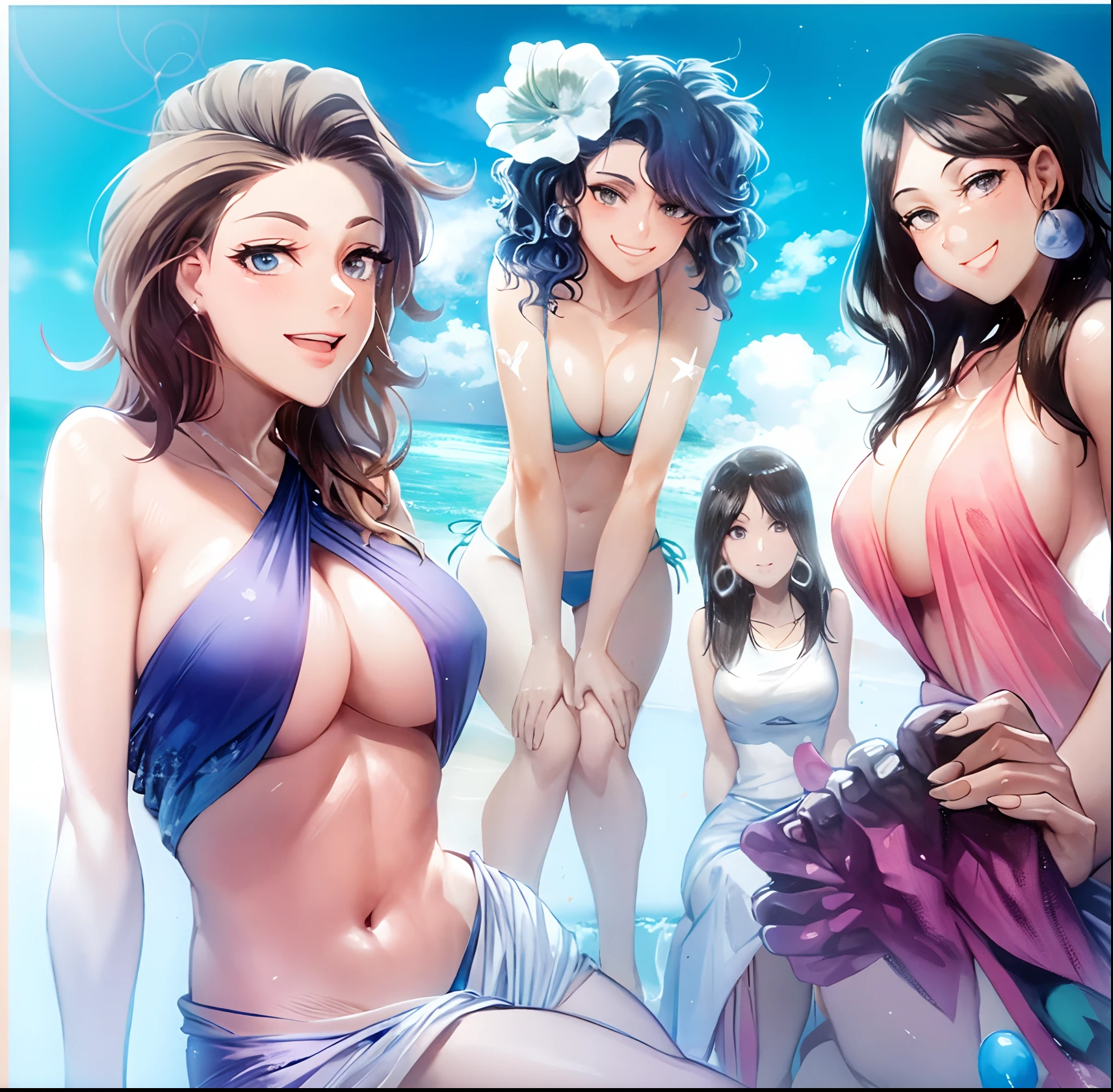 Un dibujo de tres mujeres en bikini, masajes a un pie, fondo la playa.
