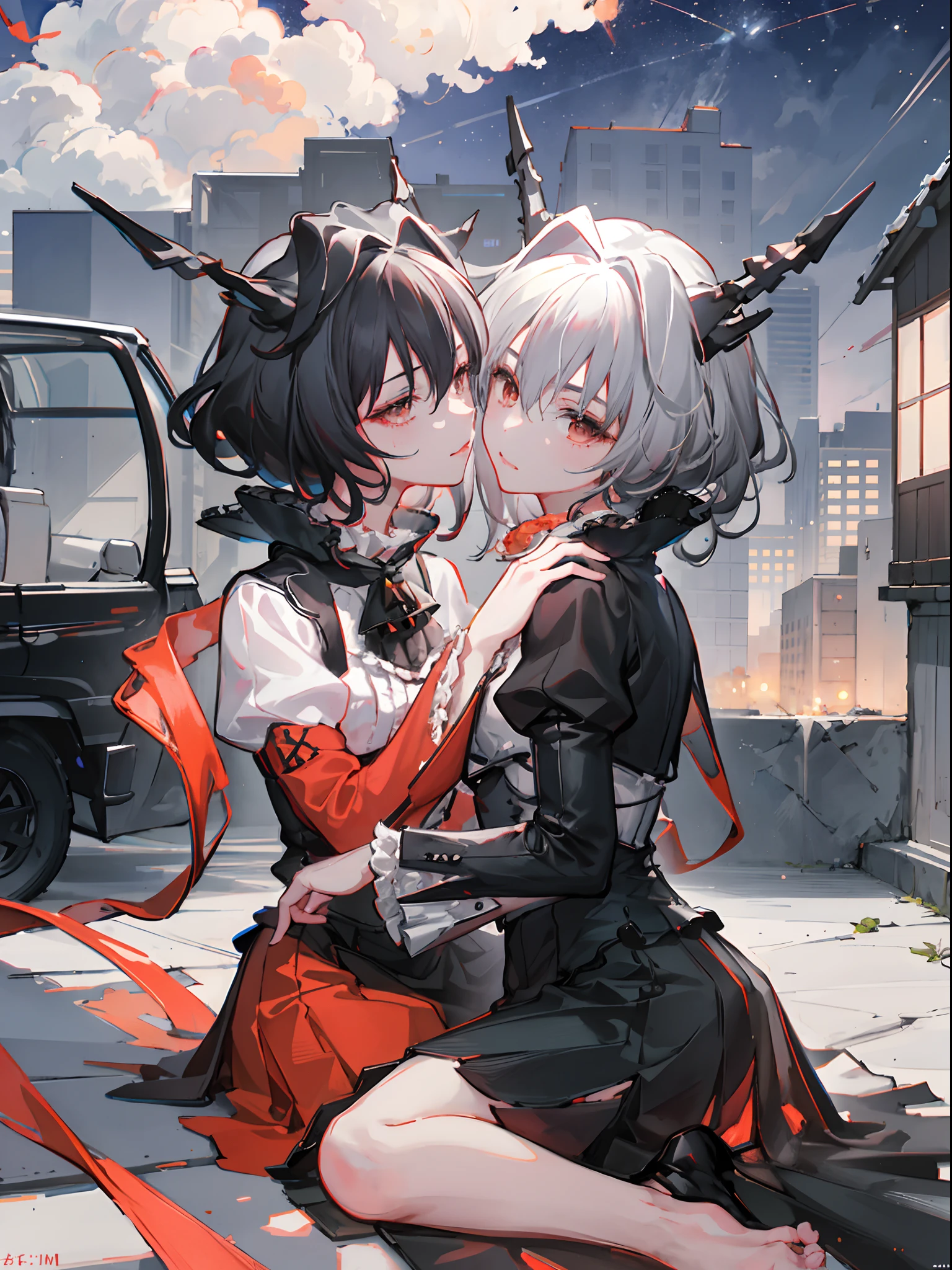Under the stars,Two girls kiss sweetly,Animation fusion,Kissing together in the stars,Lips meet。Black double ponytail girl and red ta girl,Detailed animation style,Realistic photos are realistic,A masterpiece of the best quality,Delicate and beautiful,Extremely detailed 8K CG wallpaper。