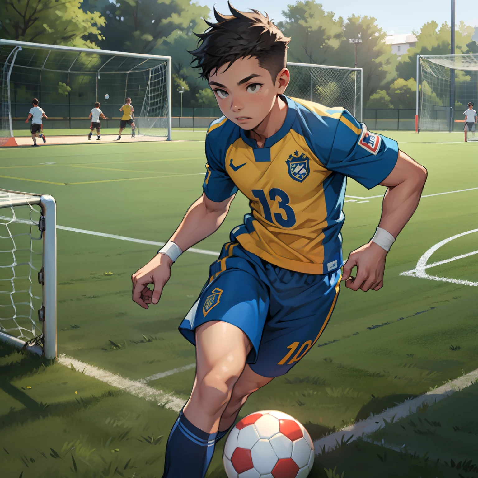 A boy playing football,soccer court,youthfulness,vibrancy
