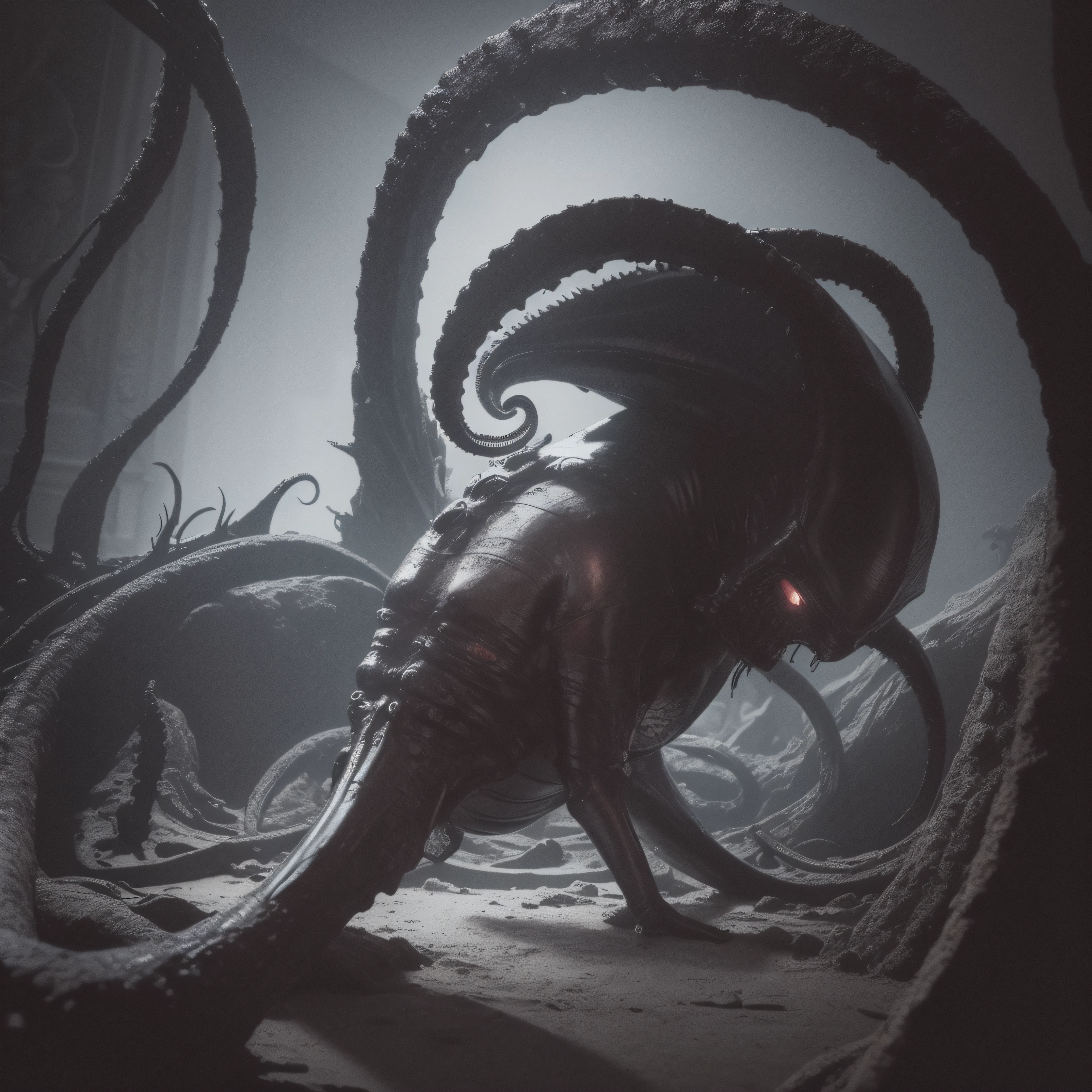 (extremadamente detallado, obra maestra, La mejor calidad), Estilo oscuro, intense illumination, rostro con arrugas, mujer crucificada, tentacle, monstruoso, interior de una piscina de agua, imagen submarina, alien con Colmillos finos. manchas de tinta. Rococo composition. Luz de caravaggio
