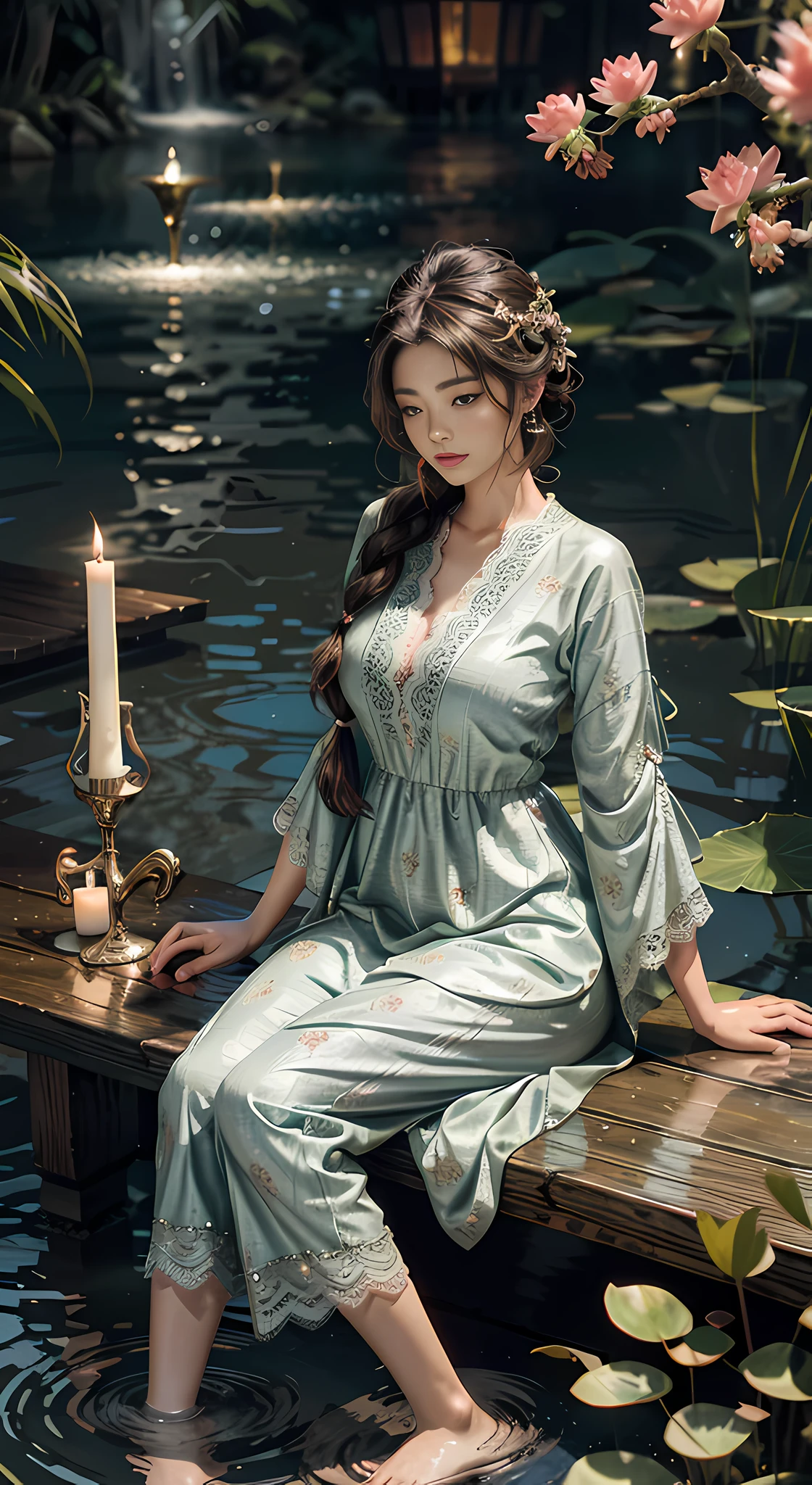 Sitting by a circular lake, feet playing in the water, the art depicts a charming woman with a melon face, dressed in a flowing, silky traditional oriental dress, lilac, decorated with intricate patterns and bright colors. Her dress drapes elegantly over her curvy figure, accentuating her seductive silhouette. She sits gracefully by the tranquil lotus lake, her feet playing in the water, bathed in the soft glow of the moonlight. The scene exudes an ethereal and dreamy atmosphere, with a touch of mystery and sexiness. The graphic style blends watercolor and digital illustration techniques to evoke a refined beauty and charm. The lights are filled with soft moonlight, casting soft highlights and shadows on her charming features. Open thighs, long lace trousers, large breasts, three-dimensional facial features, sitting, upturned legs, side braids
