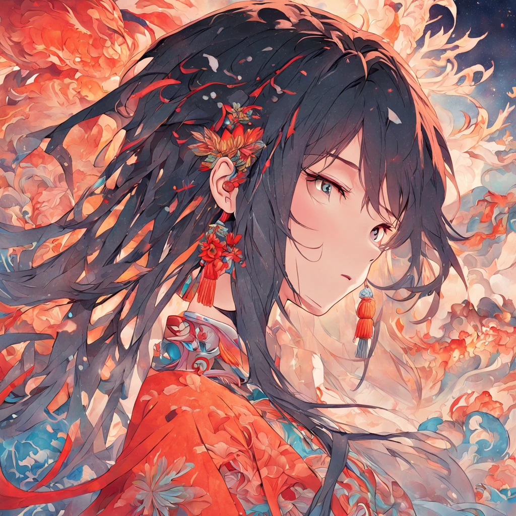 (White background:1.4),(Silhouette of a girl's head, Eyes closed, Colorful long hair, Oriental elements),(Chinese Illustration:1.3,paper art:1.3, Quilted Paper Art:1.2),( Reasonable design, Clear lines, High Sharpness,Best Quality, Very detailed, masutepiece, Movie Light Effects, 4K )