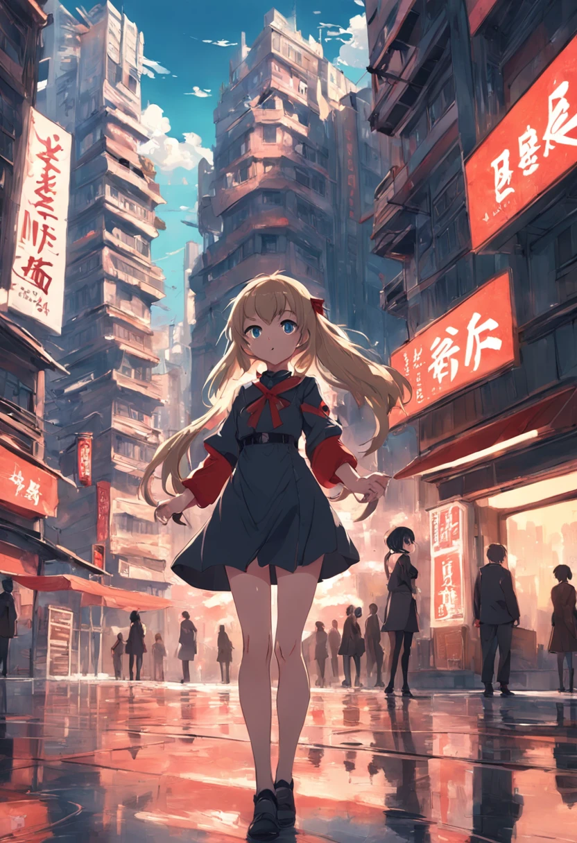 Anime girl in short dress standing in front of a building, female protagonist 👀 :8, city in the background, in anime style, anya from spy x family, red square, artwork in the style of guweiz, in anime style, standing in a city center, small curvy loli, Aesthetics of the Soviet wave, city in the background