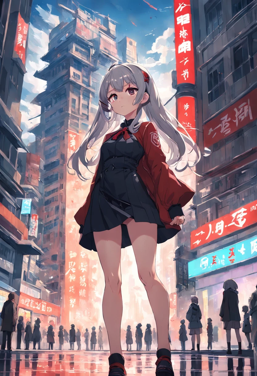 Anime girl in short dress standing in front of a building, female protagonist 👀 :8, city in the background, in anime style, anya from spy x family, red square, artwork in the style of guweiz, in anime style, standing in a city center, small curvy , Aesthetics of the Soviet wave, city in the background