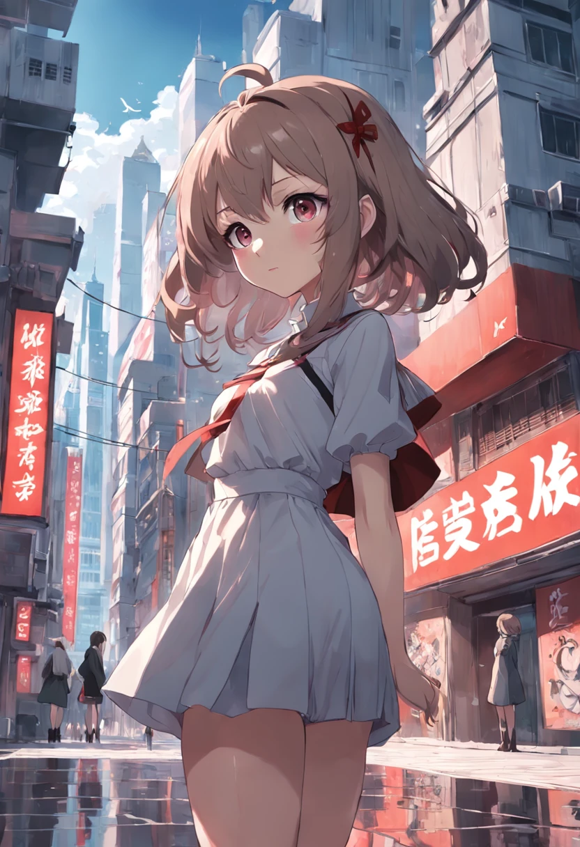 Anime girl in short dress standing in front of a building, female protagonist 👀 :8, city in the background, in anime style, anya from spy x family, red square, artwork in the style of guweiz, in anime style, standing in a city center, small curvy loli, Aesthetics of the Soviet wave, city in the background