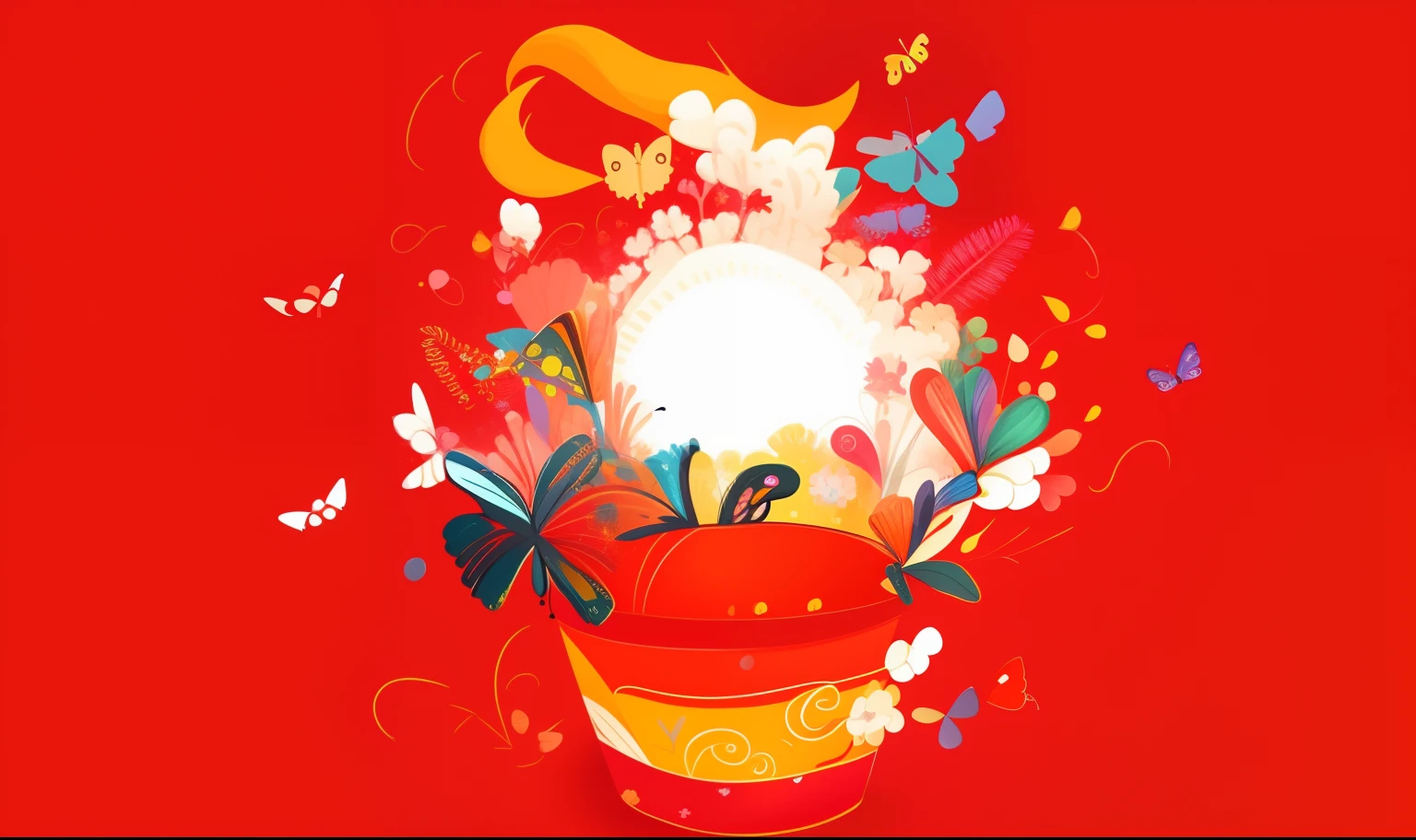 A colorful illustration of a bucket with lots of flowers and butterflies, A beautiful artwork illustration, Colorful illustration, hand painted cartoon art style, Official artwork, full-colour illustration, colorful concept art, Colorful illustrations, ornate with fiery explosions, colorful kids book illustration, Color vector illustration, Official illustration, vibrant cartoon art, bright happy atmosphere, concept illustartion, arte de fundo