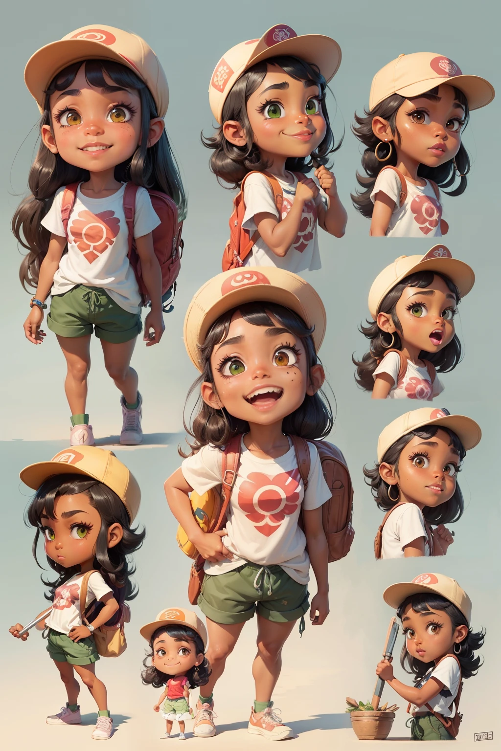 cartoon character of a Maori girl, dark brown skin, jet black curly hair, green eyes wearing a tshirt shorts cap and a backpack with different poses and poses, cartoon concept art, very stylized character design, stylized character design, highly detailed character design, childrens art in artstation, character design, disney character style, concept art of single girl, animated character design, high quality character design, character exploration, great character design, in style of disney animation, character illustration