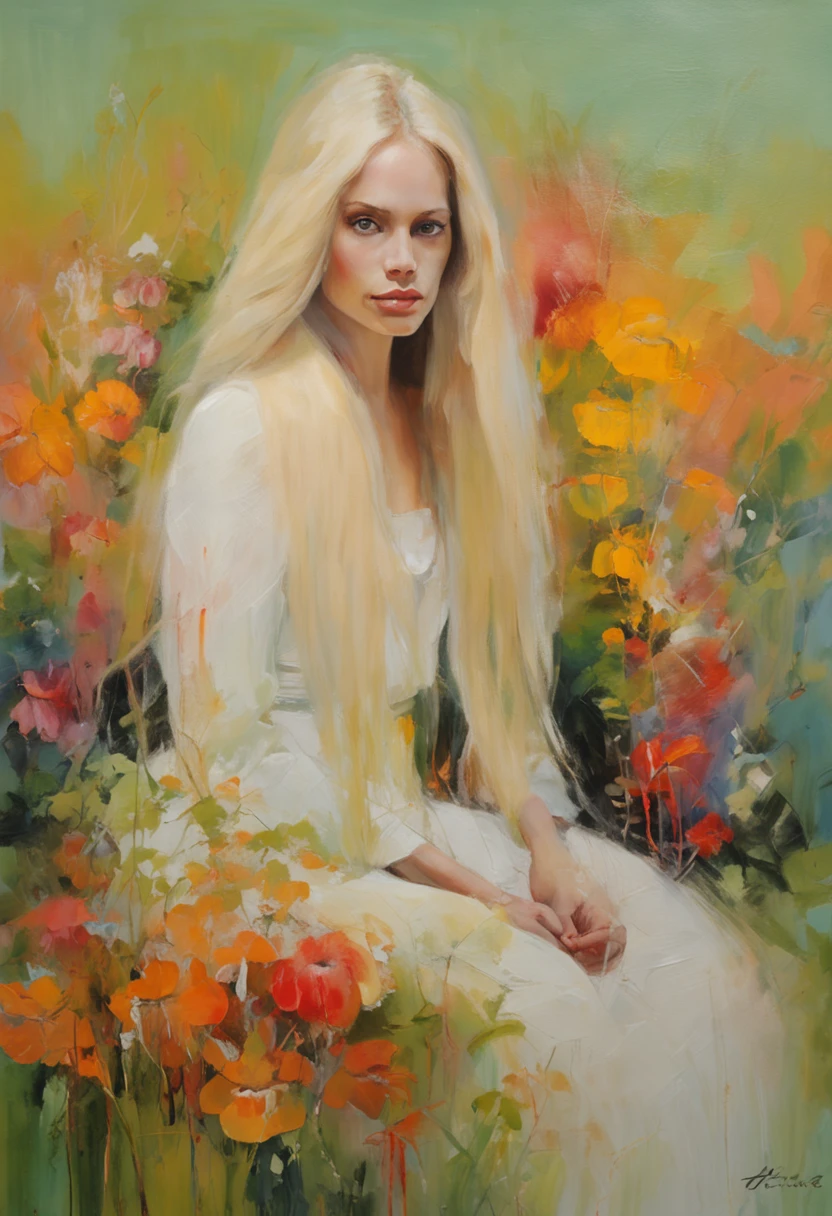 (masterpiece, best quality),1girl with long white hair sitting in a field of green plants and flowers, her hand under her chin, warm lighting, white dress, blurry foreground
