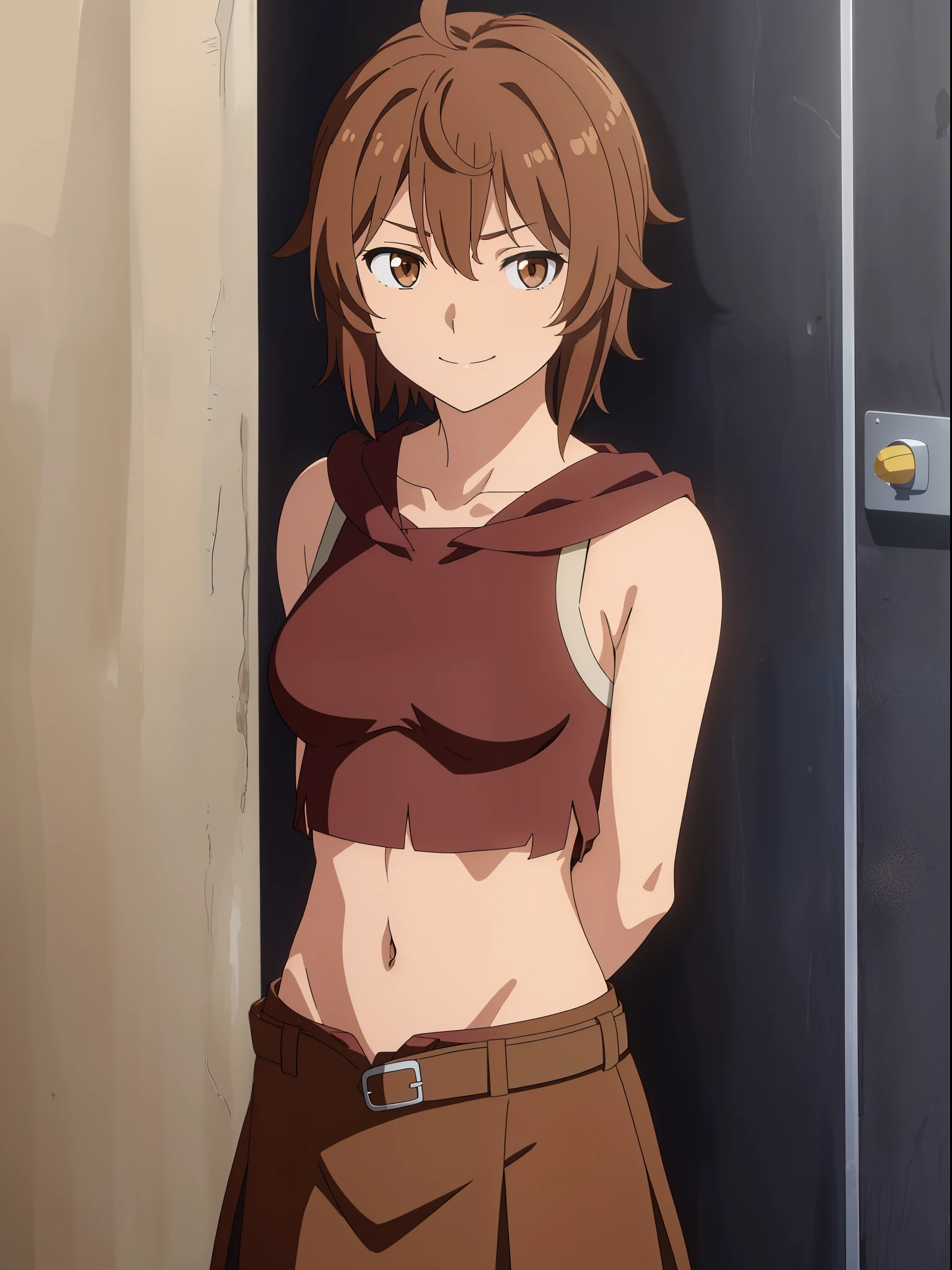 (anime screencap,
1girl, upper body, brown hair, navel, closed mouth,smile, midriff, skirt, brown eyes, solo,short hair, belt, open belt, medium breasts, simple background, ahoge, standing, submission, blood, tortured),(1 man)