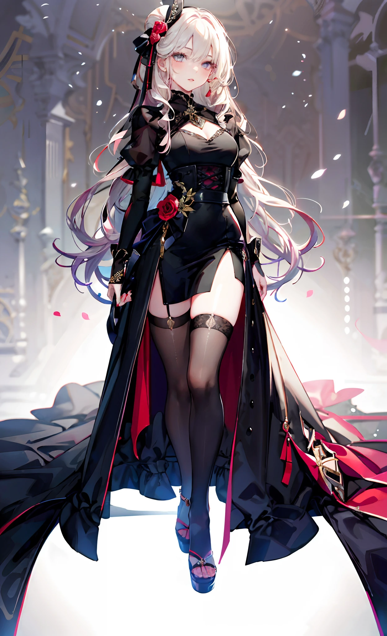 (Complete head:1.9),meticulous portrayal of face,1 noblewoman,a matural female,Black dress long dress,(black lence stockings+),heeled sandals,(Black stocking feet),Pink White Long Hair,Prom background, Perfect body, s the perfect face, perfect hand, Perfect Finger, Perfect lips, perfect eyes, Perfect background