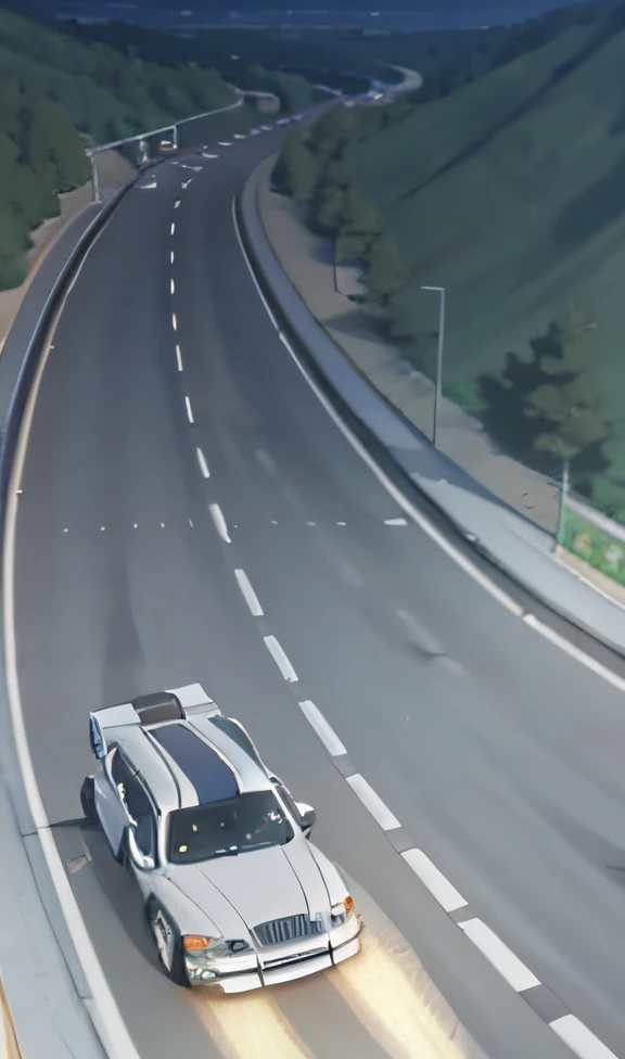 Cinematic lifelike graphics,A car is driving on the road,Turn on the lights to illuminate the road ahead, car on highway, car moving fast, exploitable image, cinematic Film still from, Rafting around the corner, initial d anime screenshot, keyframe illustration, Anime keyframes, , cars on the road, animation still screencap, top down perspective, keyframe