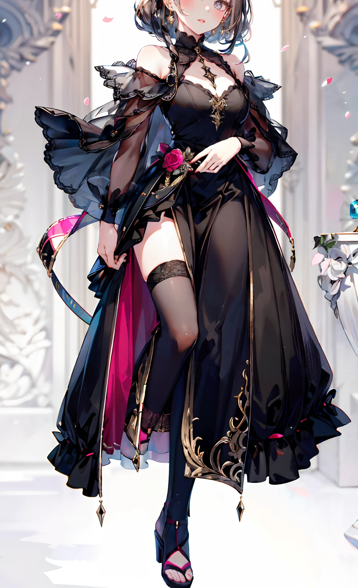 (Complete head:1.9),meticulous portrayal of face,1 noblewoman,a matural female,Black dress long dress,(black lence stockings+),heeled sandals,(Black stocking feet),Pink White Long Hair,Prom background, Perfect body, s the perfect face, perfect hand, Perfect Finger, Perfect lips, perfect eyes, Perfect background