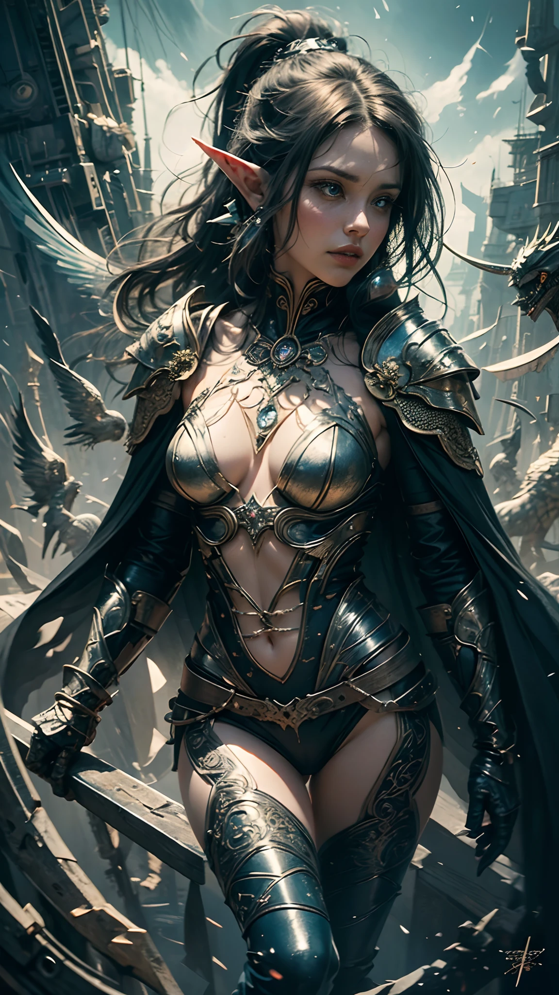 Top quality, super detailed, very delicate, cinematic lighting, unique lighting effects, portrait of a beautiful 30-year-old female elf, environment with intricate details, very detailed, graceful figure, graceful aura, elaborate pattern that blends fantasy and modernity, black cloak of flowing fabric, black leather armor and leggings with rich texture, black knight armor with delicate carving, Bustling medieval cityscape and castle in the background, mysterious atmosphere filled with magical elements, dynamic lighting with bright colors, detailed background depiction, deep sense of depth, depth and mood, 30-year-old black-haired beauty elf, slender figure, hairstyle ponytail, seductive blue eyes, sharp eyes, ultra-detailed face, detailed eyes, detailed hand depiction, detailed foot depiction, dynamic action