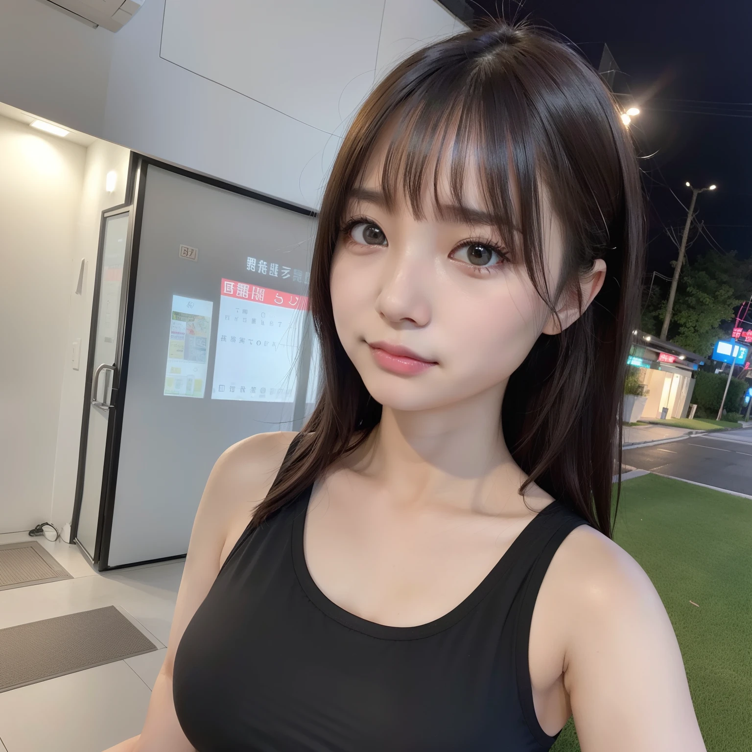 (top-quality、超A high resolution、8K、Raw photography、nffsw:1.2、​masterpiece:1.2)、(realisitic、Photorealsitic:1.37)、ultra-detailliert、profetional lighting、photon maping、Radio City、physically-based renderingt、japanes、女の子 1 人、独奏、Dark hair、cute little、great、Cute、Light smile、Normal breasts、Looking at the camera、The upper part of the body、Black Sports Bra、White Short Shirt、Sea view at night