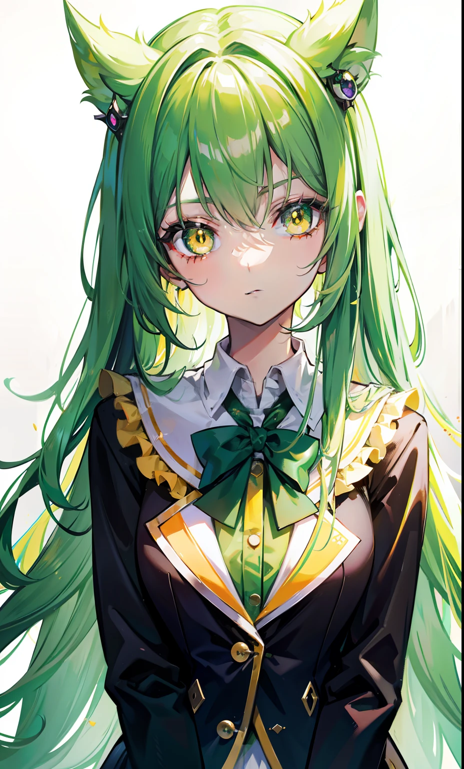 Long green hair，Symmetrical six eyes grow on the face，Royal yellow pupils，Glow brown skin，in school uniform，It's a pretty cute weird little girl