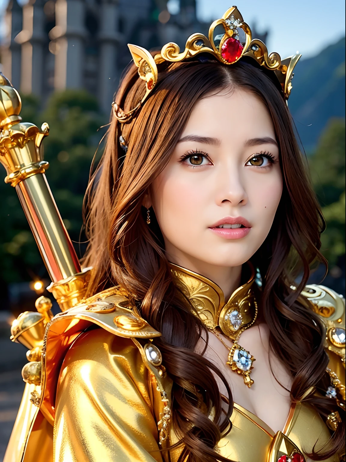Professional , masterpiece、top-quality、photos realistic , depth of fields (Gemstone Silver Metal Body:1.9),(Matte yellow、Jewel Gold Weapon、(Gorgeous castle background)、(Jewel Metal Body:1.4),(Gorgeous Jewel Metal Weapons) , (Hold the Hero's Detailed Sword) ,( ) ,warhammer 40k , adepta sororitas,Detail and ornate jewel crown、Brown hair、(Gangle's forest background)、1a person、dynamic ungle,(((Diamond tiara with detail and luxury)))、a small face、A smile、Powerful poses、(Gorgeous castle background)、huge filesize、20 year old beautiful woman、Stand in the center of the screen、Thin female fingers、Straight long hair、Beautiful Caucasian beauty、Mystical expression、Lightly open your mouth、,Luminescent particles,light scattering,Tindall Effect、cleavage of the breast、