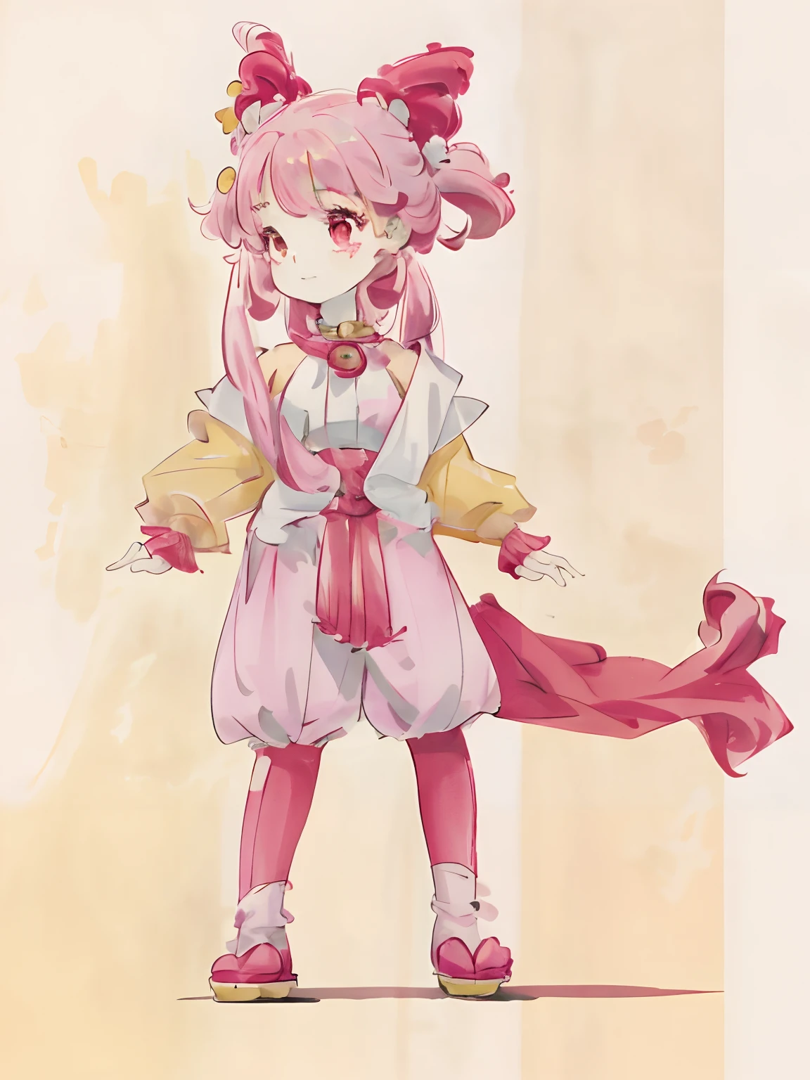Long pink hair,Pink-white wings,Deep yellow pupils,Decorated in brilliant gold,Soft clothes in red and yellow,She is a cute and sweet beautiful girl,short body,Chubby,Big eyes,The eyes are bright and clear,It is a 3D image,There are front side and back displays