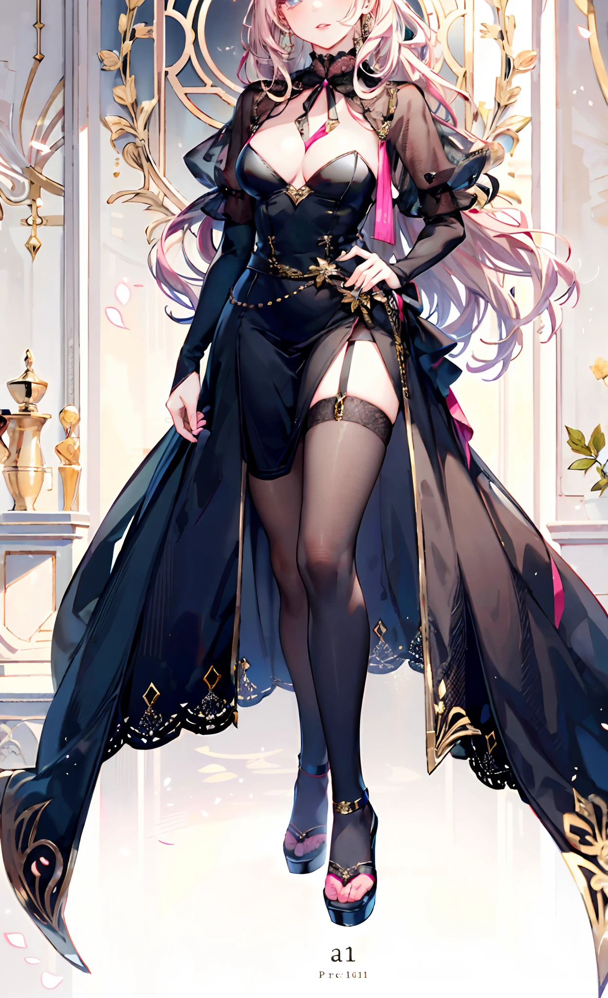 (Full Head:1.9),Detailed depiction of the face,1 Lady,a matural female,Black Dress Long Dress,(black lence stockings+),High Heel Ribbon Sandals,(Feet in black stockings),Pink White Long Hair,Prom Background, Perfect body, face perfect, perfect hand, Perfect Finger, Perfect lips, perfect eyes, Perfect background、(((NSFW)))